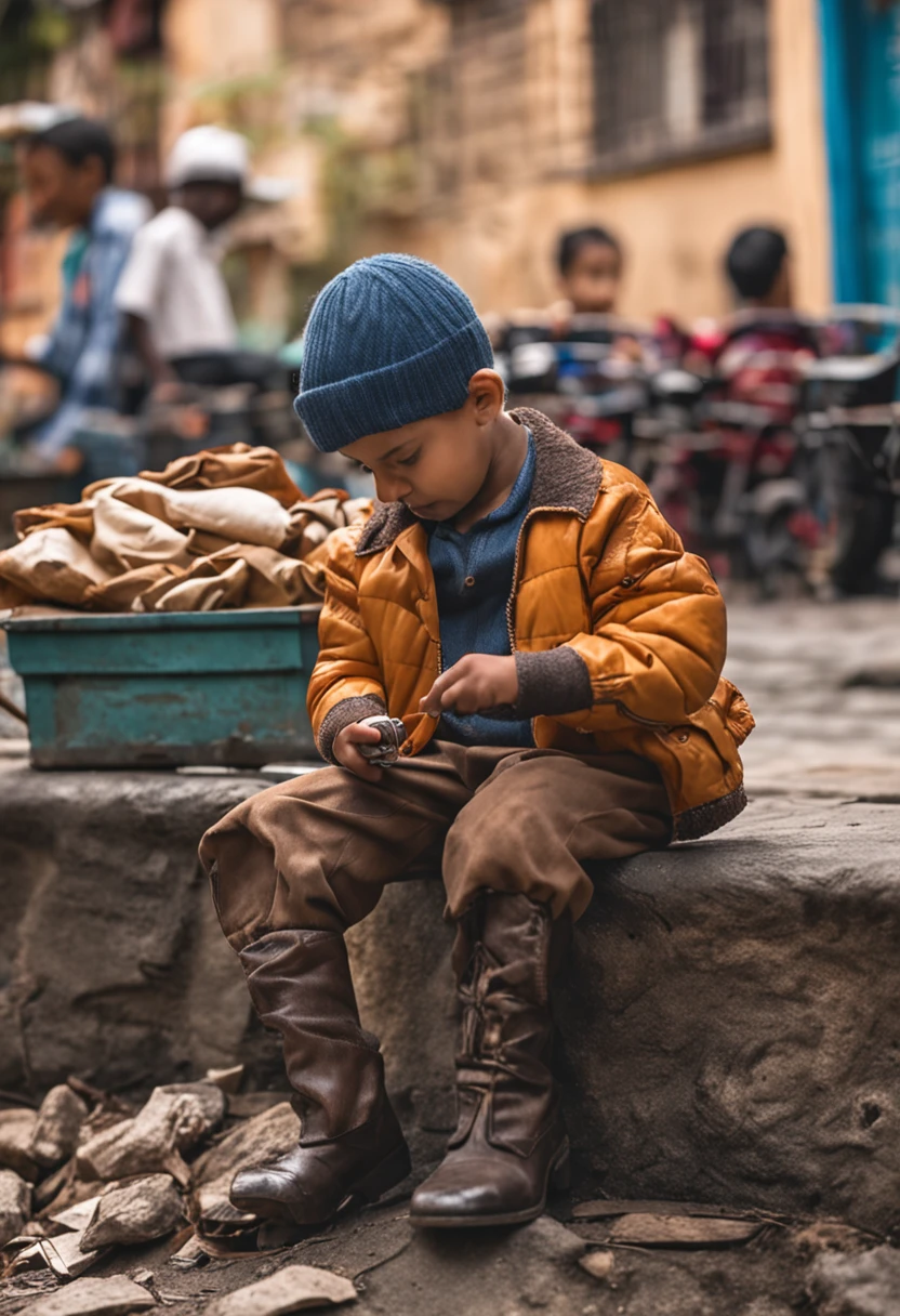 a is polishing a gentle means shoes in street they are in city nice weathewr ,