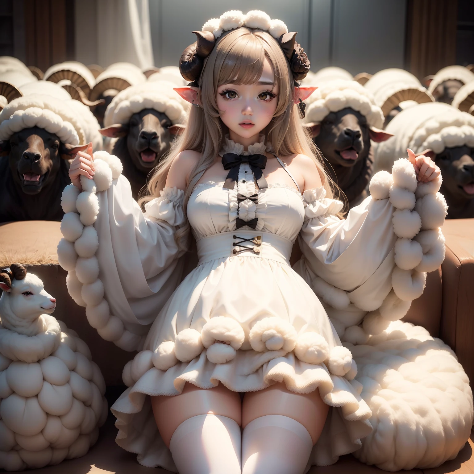 Female idol covered in sheep(Cute costumes)、looks sleepy、full body Esbian、