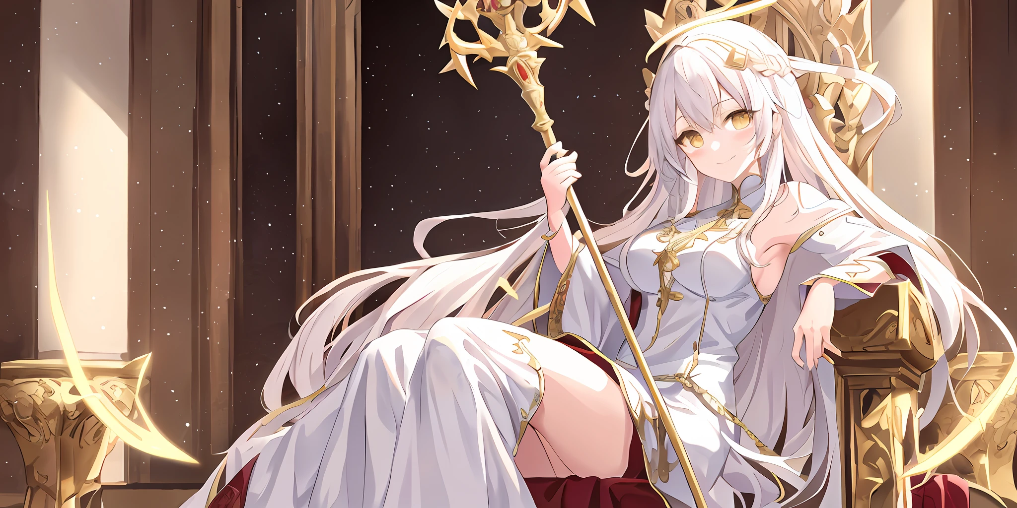 Pope full body，On the scepter，seated on a throne，（（Robe with intricate patterns）），（1个Giant Breast Girl），（独奏），（cute anime face），gold eyes，long  white hair，ssmile，The halo，（Sit on a low throne），In the magnificent castle，k hd