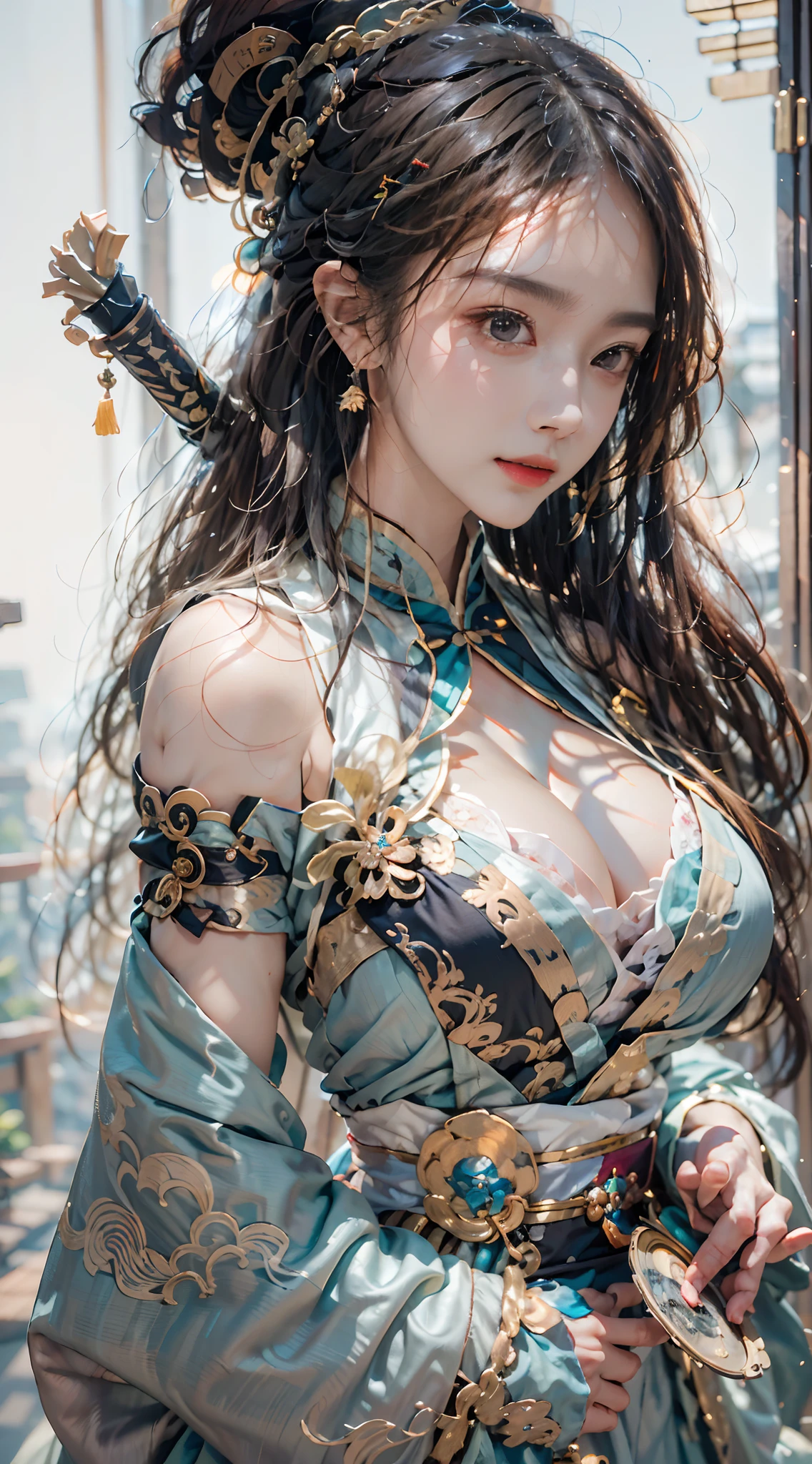 Best quality,Masterpiece,超高分辨率,(Photorealistic:1.4),xiuxian,arma,Detailed face, 1girll,Solo,arma,cleavage,(Magical Circle:1.2),xiuxian,Upper body,Beautiful girl,full bodyesbian,Huge breasts,east asian architecture,sword sheath,architecture,