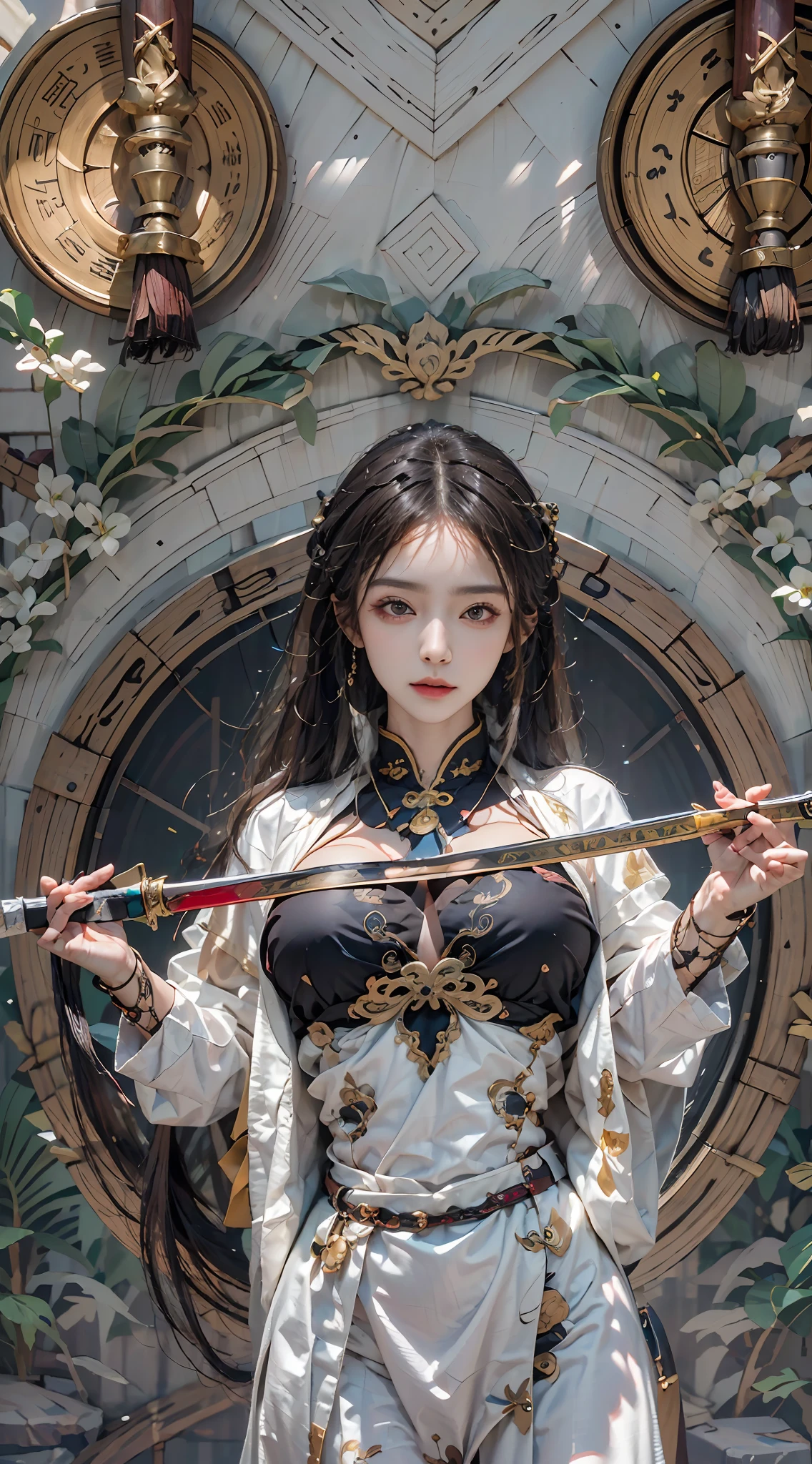 Best quality,Masterpiece,超高分辨率,(Photorealistic:1.4),xiuxian,arma,Detailed face, 1girll,Solo,arma,cleavage,(Magical Circle:1.2),xiuxian,Upper body,Beautiful girl,full bodyesbian,Huge breasts,east asian architecture,sword sheath,architecture,