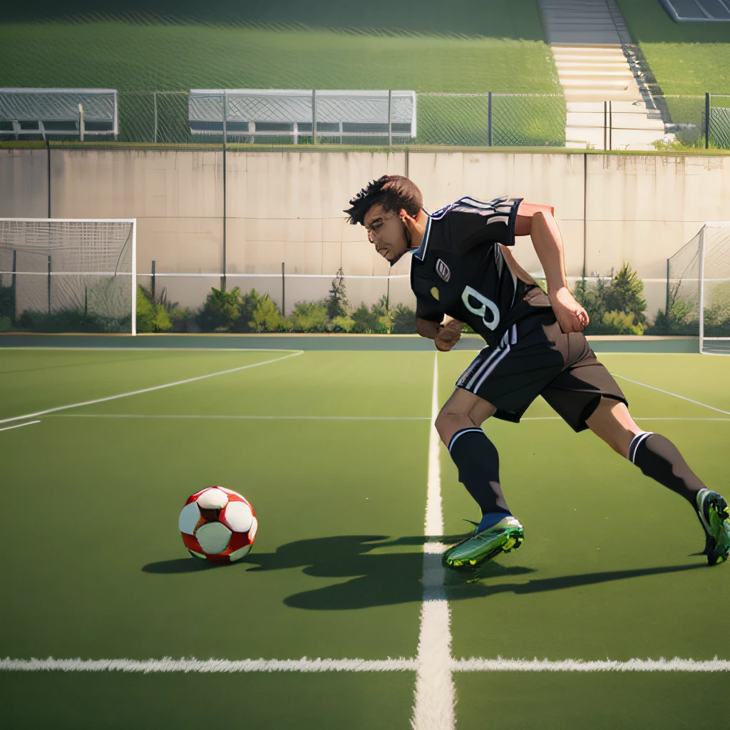 There was a guy playing football on the pitch, Game CG, realistic scene, soccer player, soccer ball, realistic lens, realistic 3 d style, Photorealistic graphics, realistic establishing shot, true realistic image, play soccer, Realistic afternoon lighting, photorealistic art style, hyper realisitc, Realistic anime 3 D style, looks realistic, Photorealistic style