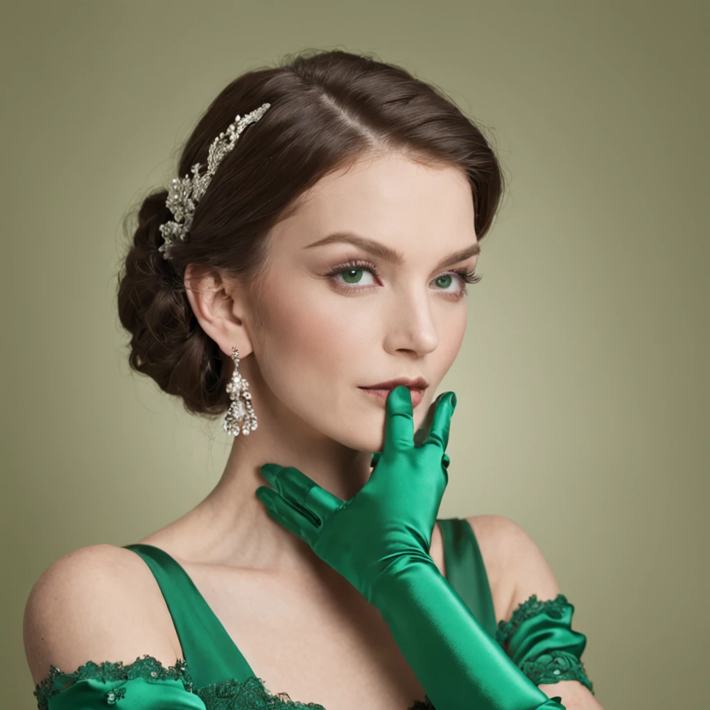 green satin long gloves, Green Wedding Dresses, Green shorthair, lipsticks, the kiss, bride, Green Pearl Necklace