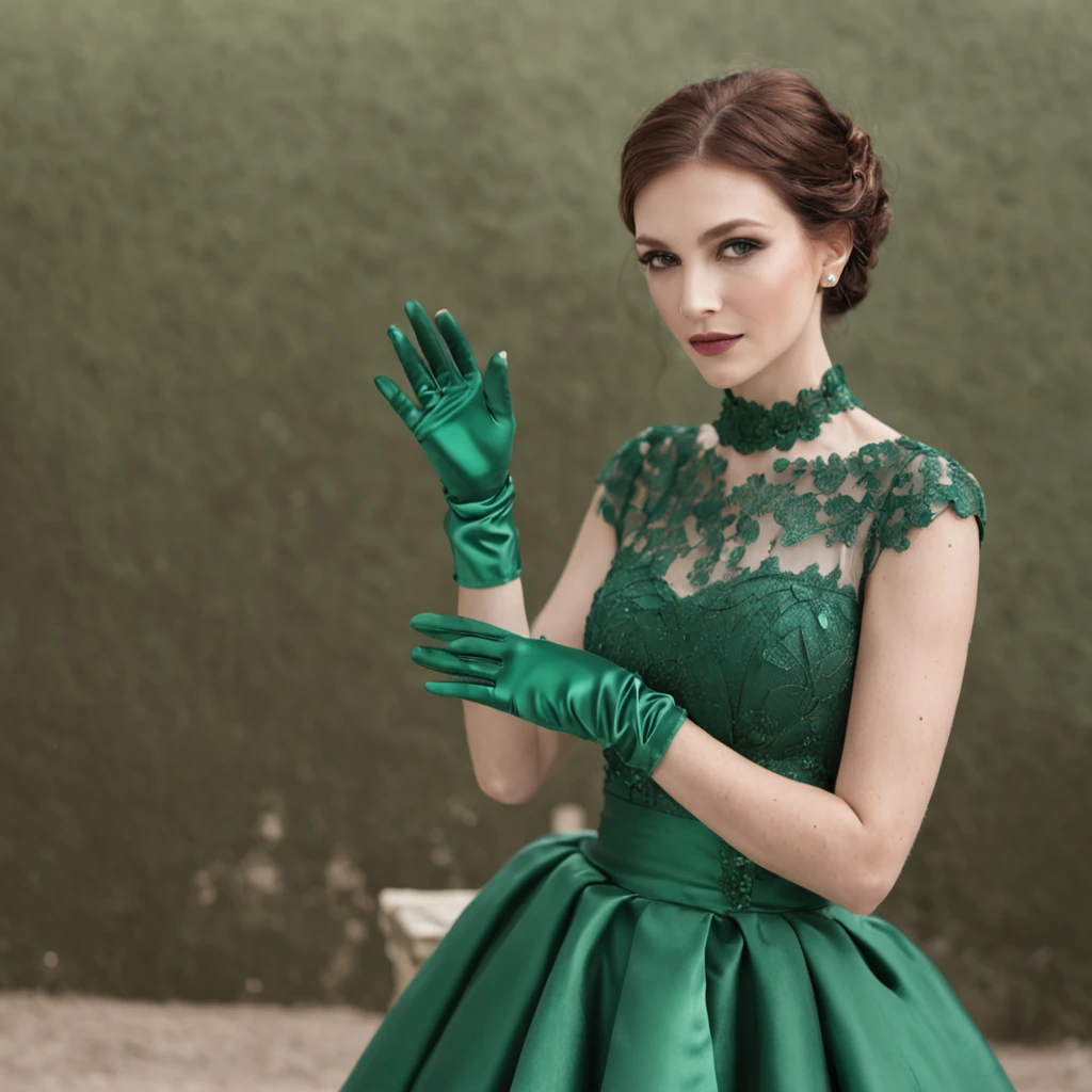 green satin long gloves, Green Wedding Dresses, Green shorthair, lipsticks, the kiss, bride, Green Pearl Necklace