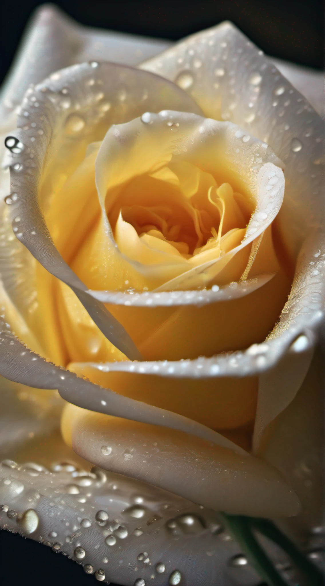 best qualtiy，Texture，Delicate and delicate，8K，Focus：macro，The light source：Top left，A yellow rose，The petals are dotted with transparent water droplets，Background Black
