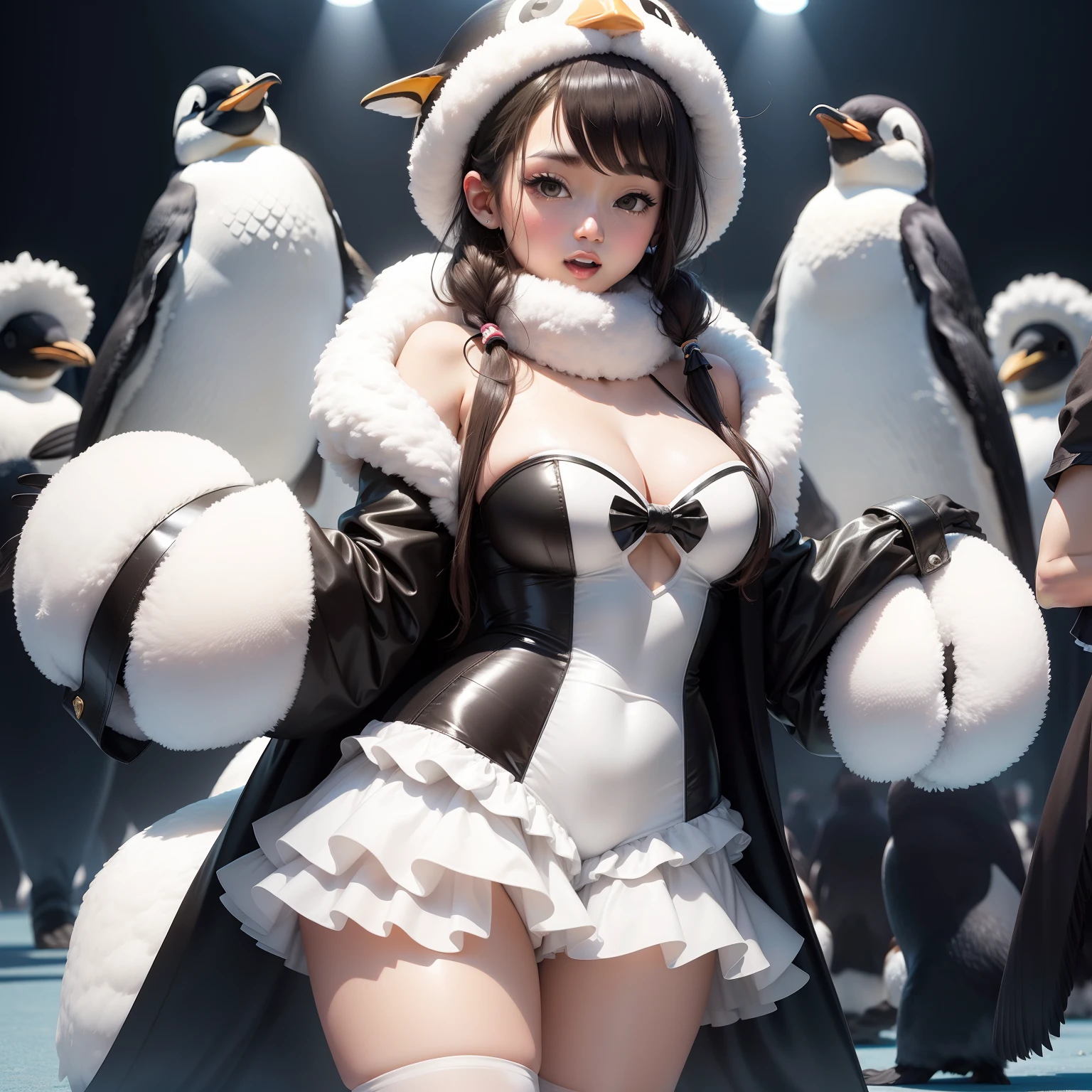 Female idol covered with penguins(Cute costumes)、Looks fun、full body Esbian、