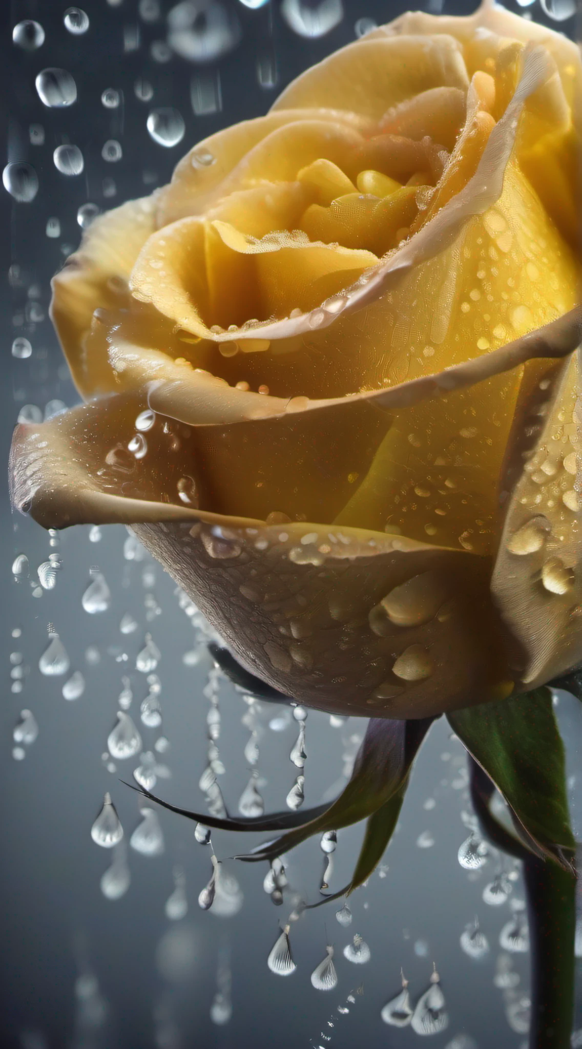 best qualtiy,Texture,Delicate and delicate,8K,Focus:macro,The light source:Top left,A yellow rose,The petals are dotted with transparent water droplets,Background Black