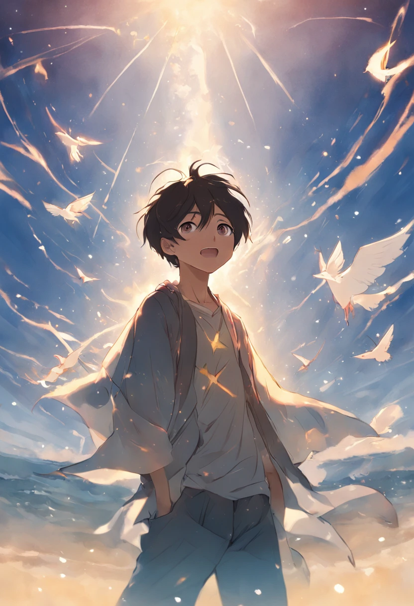 Young men,self-assured,Sunny and cheerful,beachside,blue-sky,baiyun,seabird,rays of sunshine