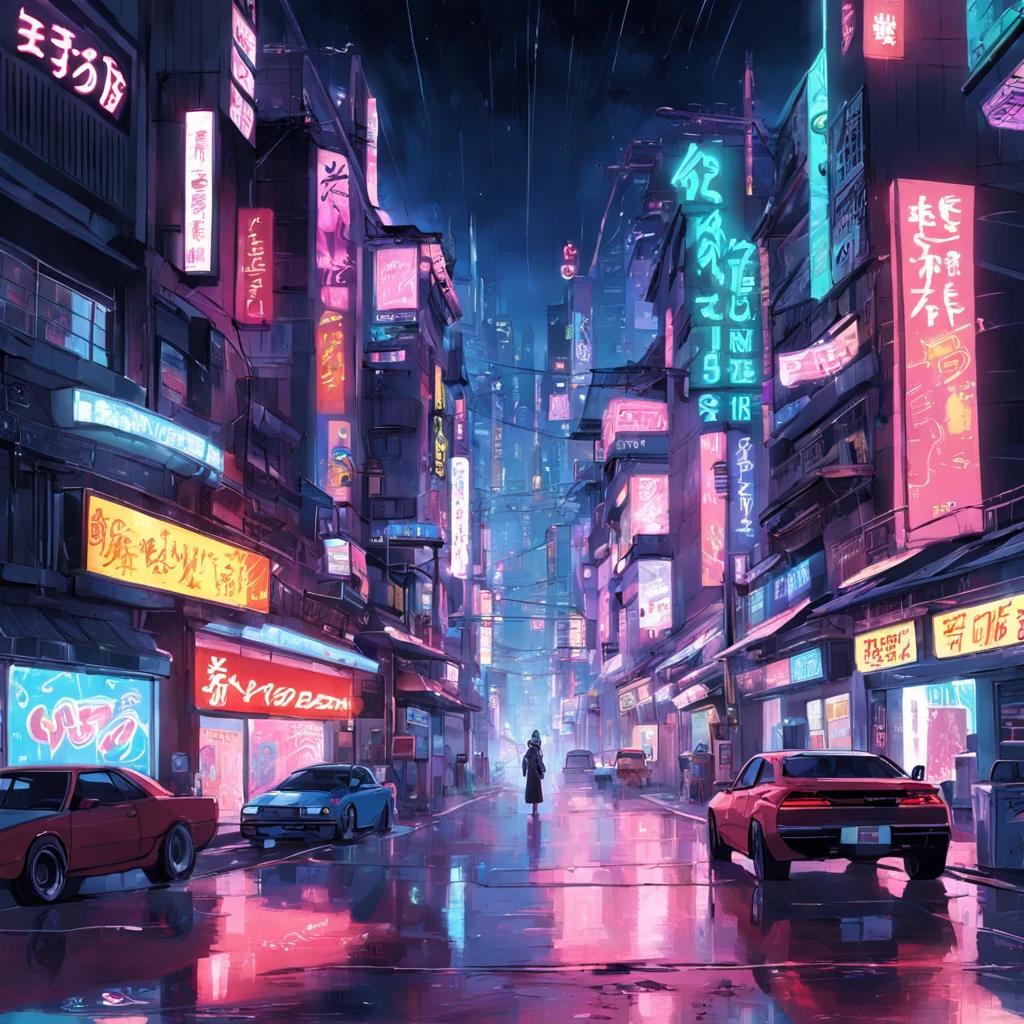 Art estilo neoTokio de noite, buildings and street with plenty of neon, signs and reflections on the floor, estilo cyberpunk , carros voadores e guarda-chuvas
