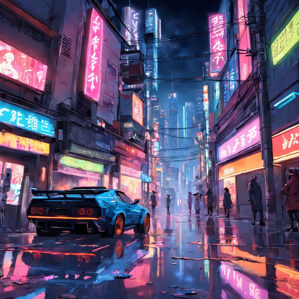 Art estilo neoTokio de noite, buildings and street with plenty of neon, signs and reflections on the floor, estilo cyberpunk , carros voadores e guarda-chuvas
