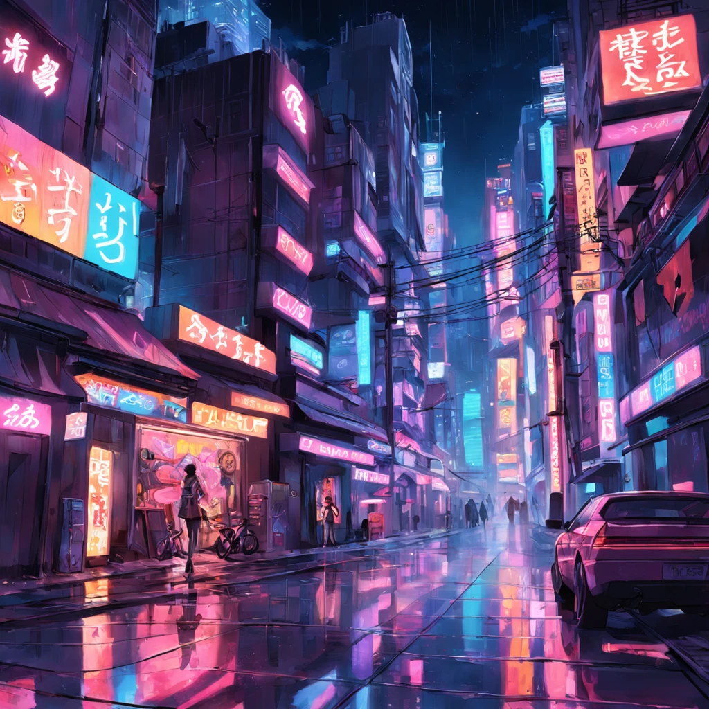 Art estilo neoTokio de noite, buildings and street with plenty of neon, signs and reflections on the floor, estilo cyberpunk , carros voadores e guarda-chuvas