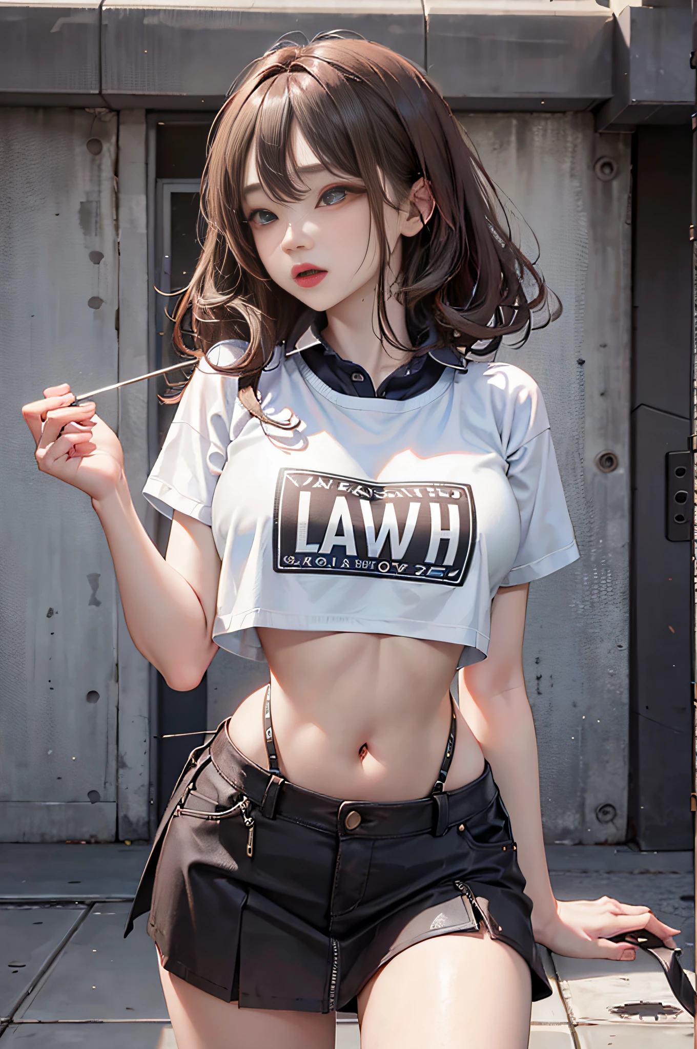 Top image quality、Raw photography、超A high resolution、An 18-year-old woman、Shooting for one person only、modelshoot、big round chest、cleavage of the breast、tshirts、Wearing a black skirt、Beautiful Eyes of Details、very elongated eyes、Beautiful eyelashes、Beautiful double eyelids、Black walls、very slender legs、Shorthair with light brown hair、very slender physique、Very small buttocks