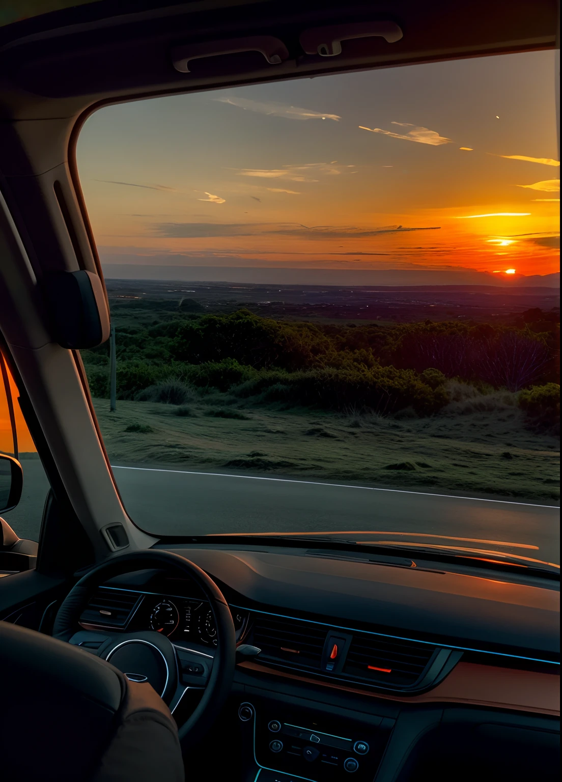 the setting sun,evening light,view from long distance,realisticlying,plethora of colors,Gorgeous and colorful,Shoot at night,positive,natural style,hdr shot,Inside the car,Look inside the car,Sunset directly ahead,Faraway view,Blurred foreground,Ultra-clear details,Ultra photo realsisim,telephoto lenses