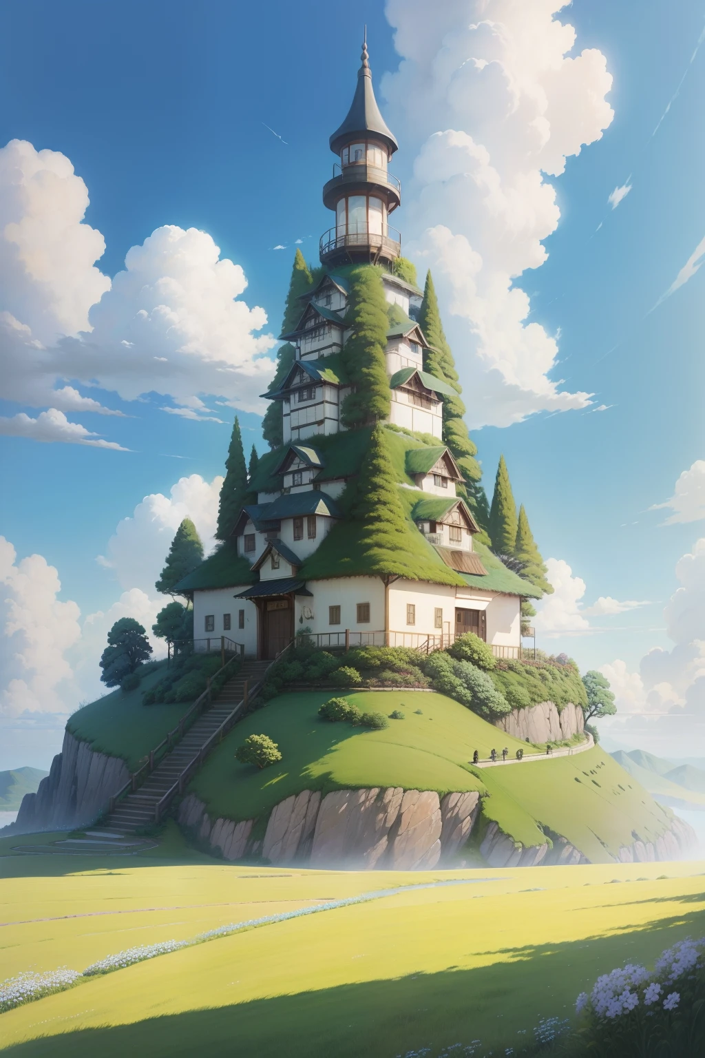 Realistic, authentic, beautiful and amazing landscape oil painting Studio Ghibli Hayao Miyazaki&#39;s petal grassland with blue sky and white clouds --v6