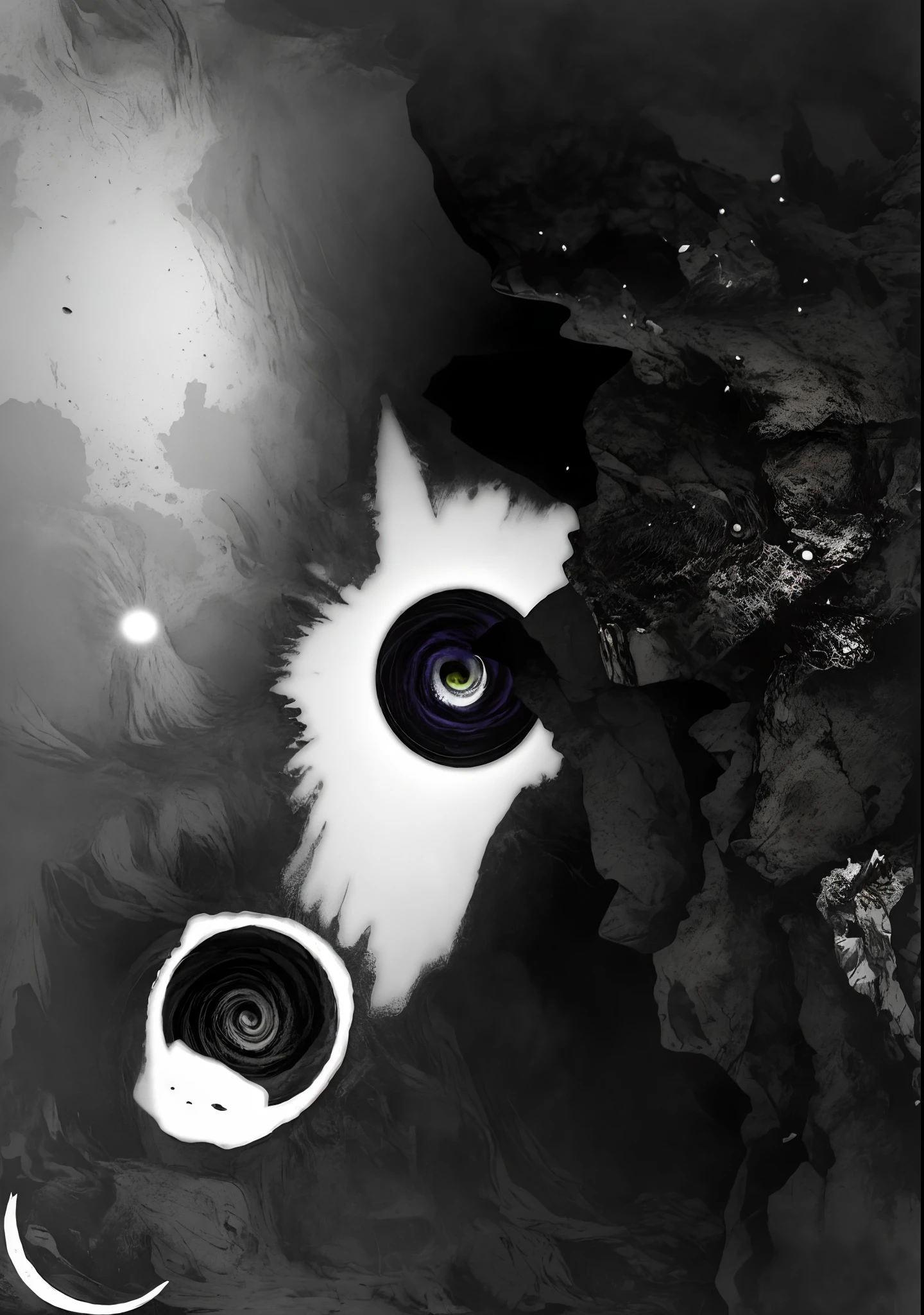 Has two white and black eyes, surreal tears from the moon, abstract holescape, mandelbulb. Black and white, spiral eyes, digital art 4k unsettling, inspired by Chris Friel, Aqua Eye, author:Chris Freer, Nicolas Delort, Scary eyes,On the right is a black cracked black rock,There is no pure black pure white,Scary atmosphere,Death atmosphere