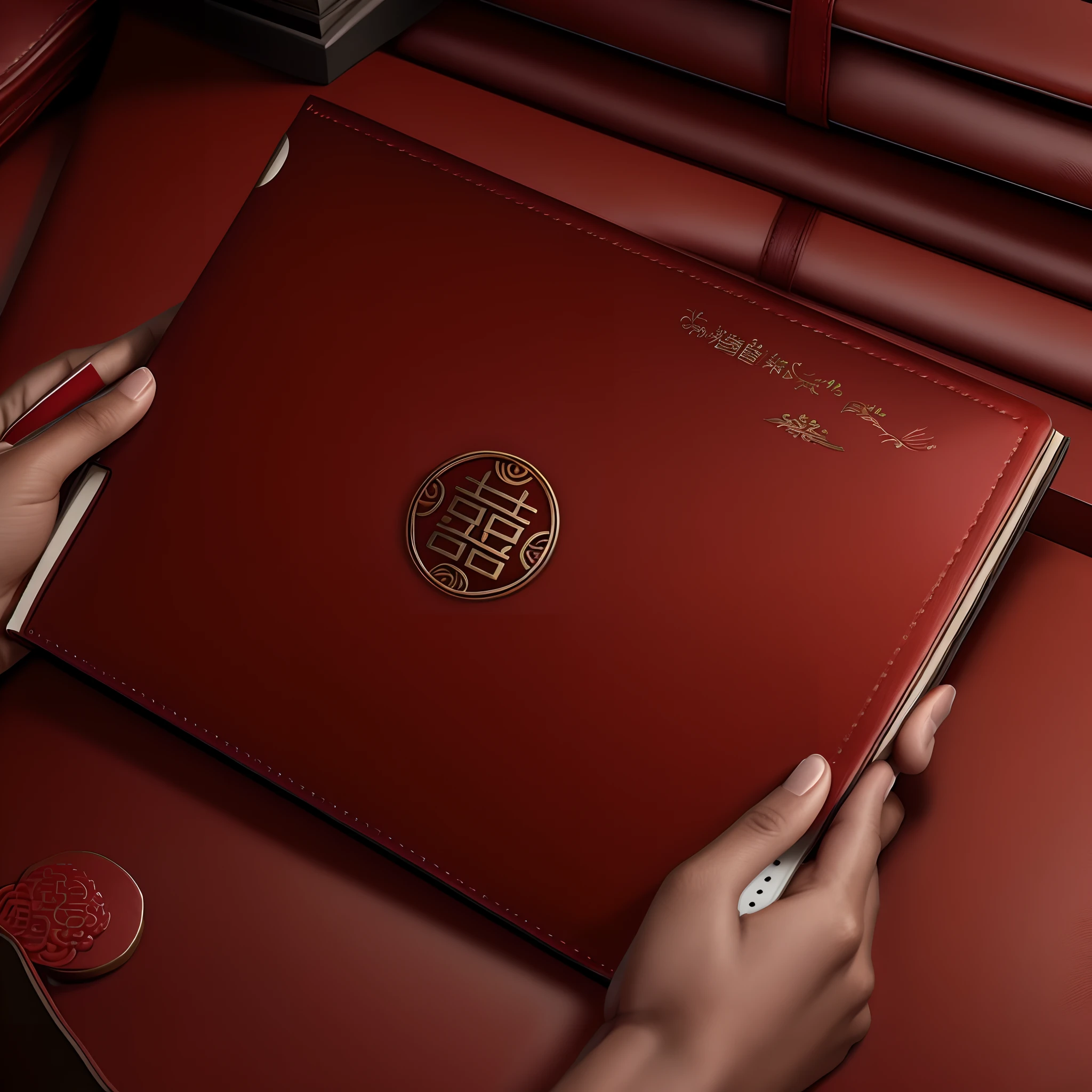 luxury journal cover, Red plush leather padding background, holding notebook, Chinese style, cover shot