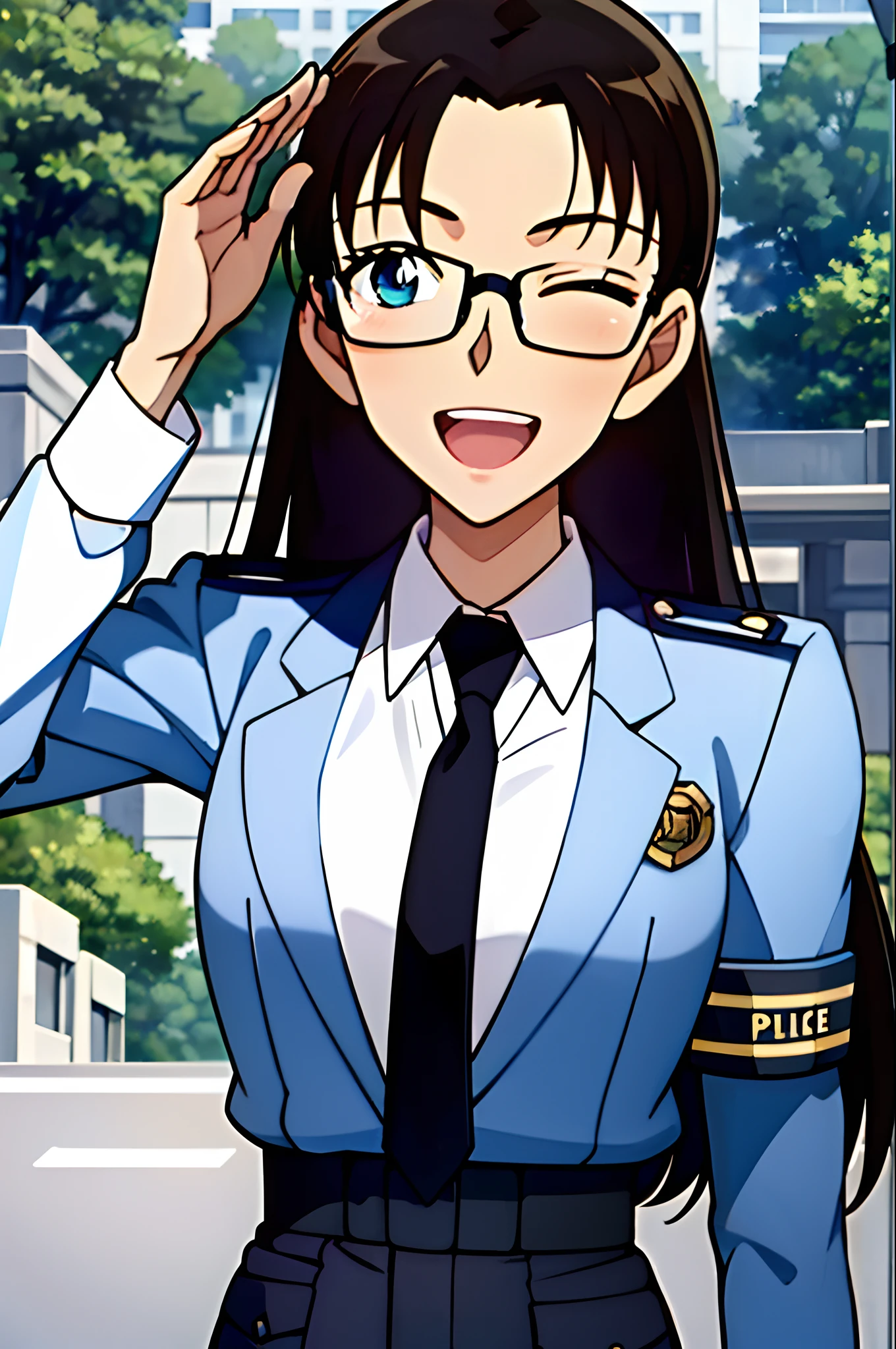 ((masterpiece)),((best quality)),ultra-detailed,illustration,police,uniform,police uniform,1girl, solo, one eye closed, salute, uniform, necktie, police uniform, police, policewoman, blue eyes, brown hair, open mouth, smile, armband, long hair, ;d, looking at viewer, upper body, anime coloring, dark skin, jacket, black necktie, shirt, long sleeves,Black stockings, black high heels, outdoor, car, police car, road,Beautiful body,Beautiful Nose,Beautiful character design,perfect eyes,perfect face,alluring,wallpaper,perfect lighting,Colorful,ultra highres,4K,photography,(Beautiful, medium breasts:1.2),(beautiful face:1.2),(narrow waist),shiny skin,anime screencap,from below,mature female, (((glasses))), ((rim-less eyewear)), (((mature female))), tall, beautiful, medium breast, milf, (eyewear:0.9)