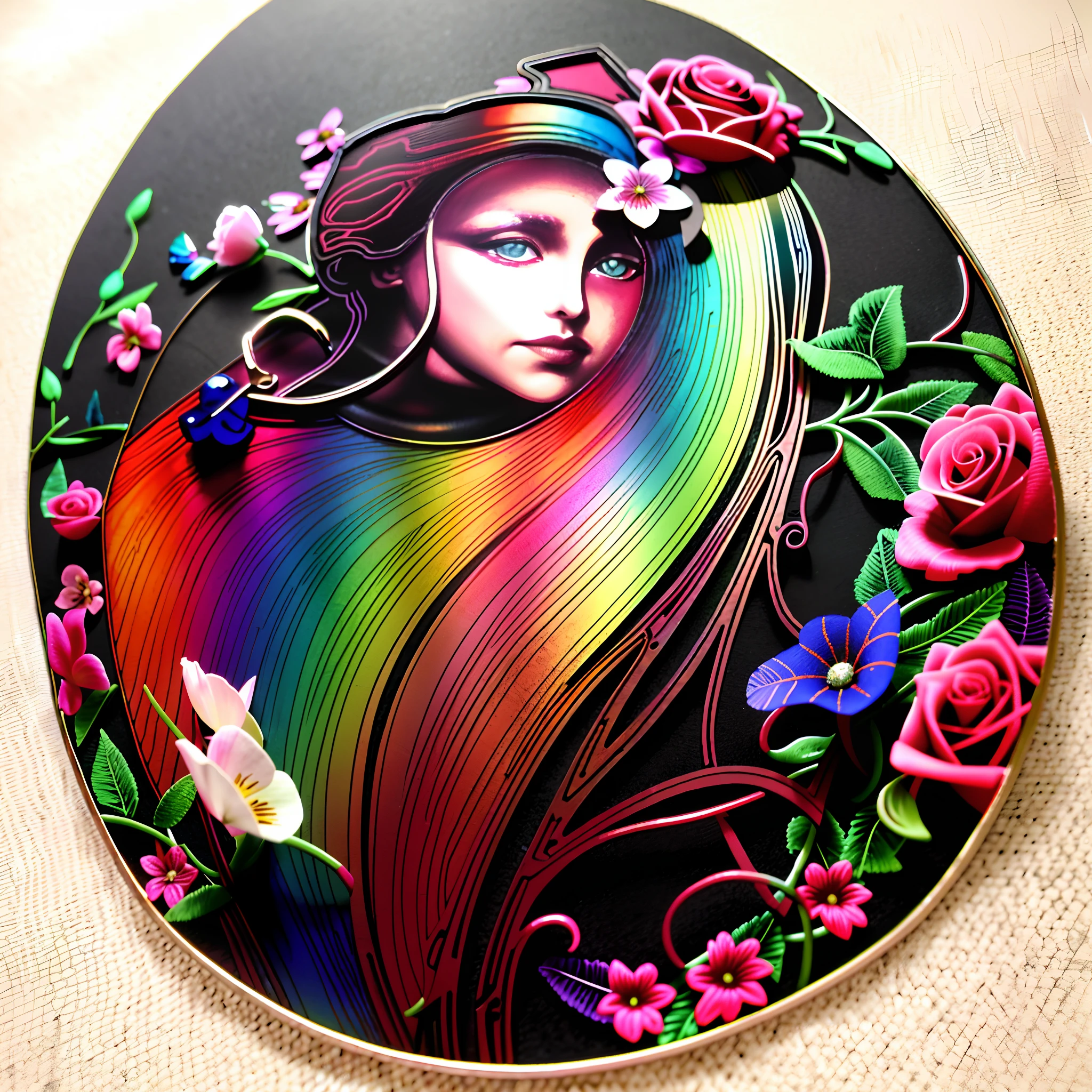 uma estrutura de metal decorativa, moldura em filigrana, num fundo colorido, raibow, Hearts and flowers intertwined, metal border, Backround colorido. Inkscape, borda preta, bordado de contorno rosa, fronteira em filigrana, gothic harts, moldura rosa colorida. d&d, Painel de arte vetorial para plasma CNC, arte vetorial para plasma cnc, design preto, Rosa Backround