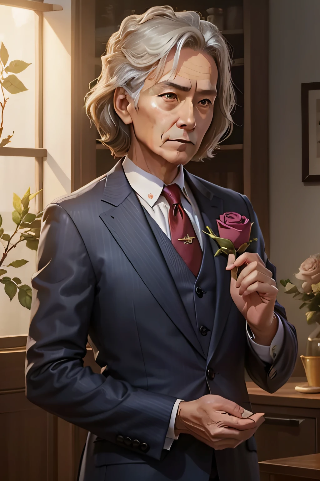 Senior middle-aged wears old but neat suits,Holding a rose,Carefully organize your hairstyle。