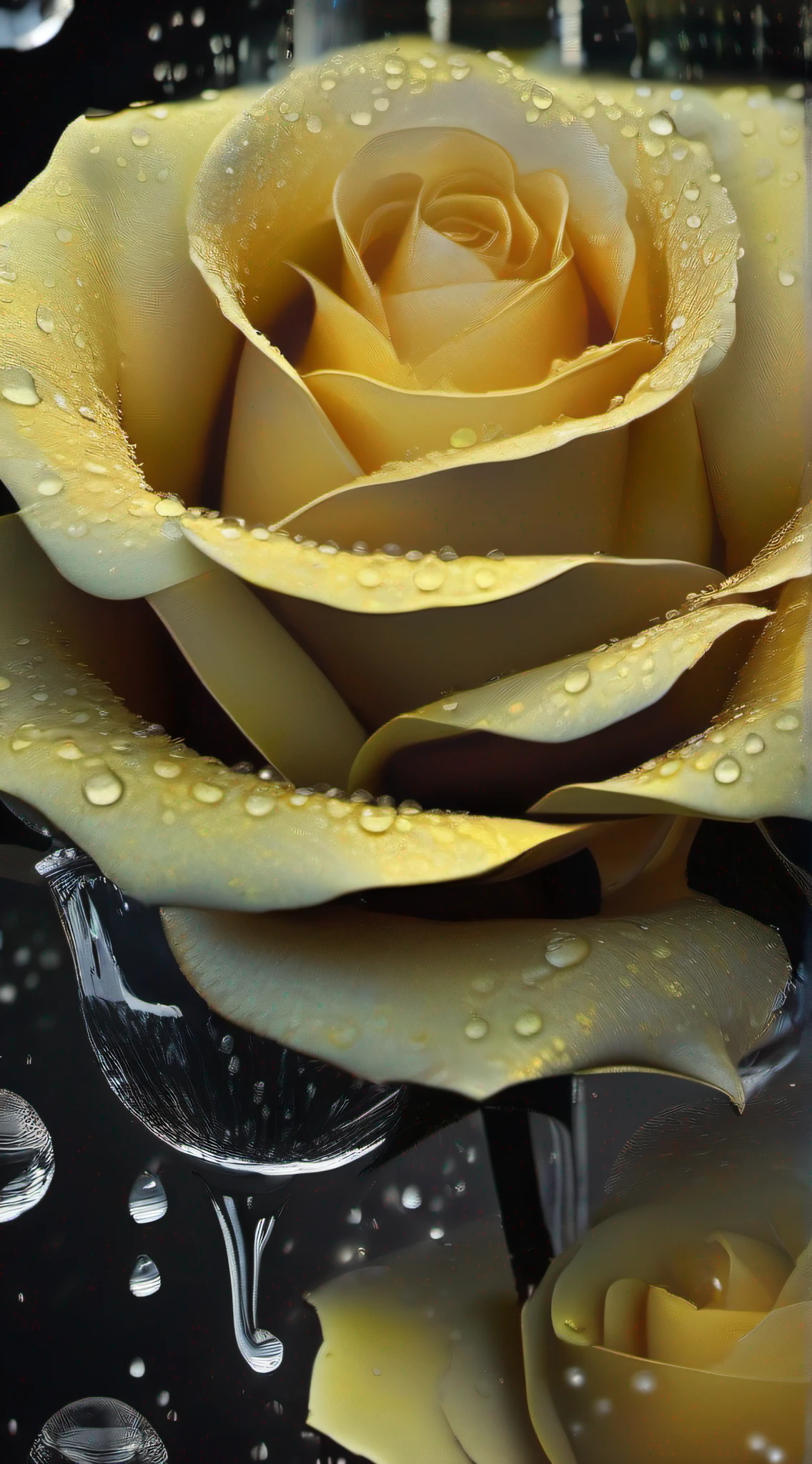 best qualtiy,Texture,Delicate and delicate,8K,Focus:macro,The light source:Top left,A yellow rose,The petals are dotted with transparent water droplets,Background Black