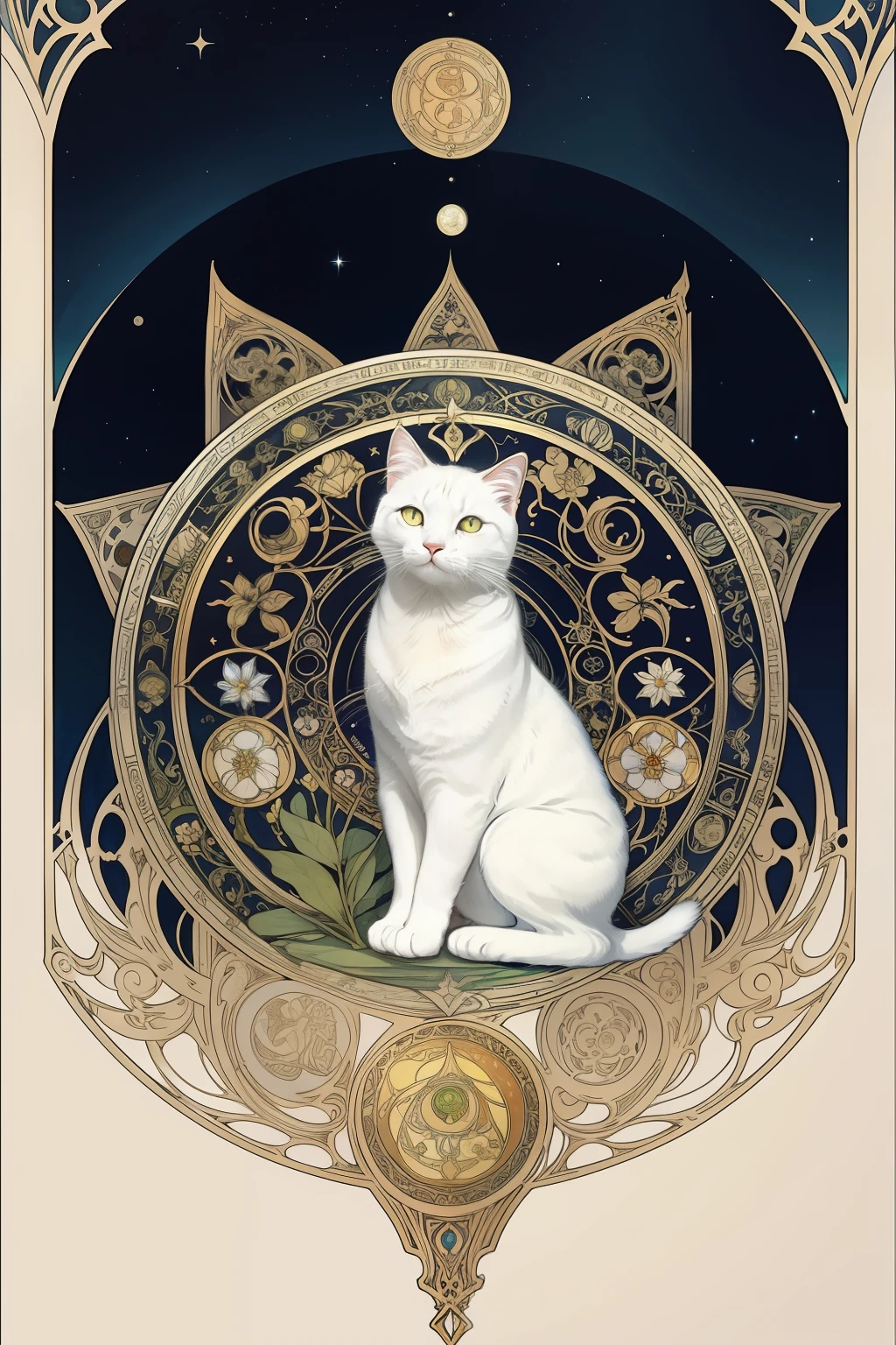 ​masterpiece、Top image quality、A white cat drawn by Alf Mucha Mucha,Lily flower、Astrological decoration, Art Nouveau outer edge