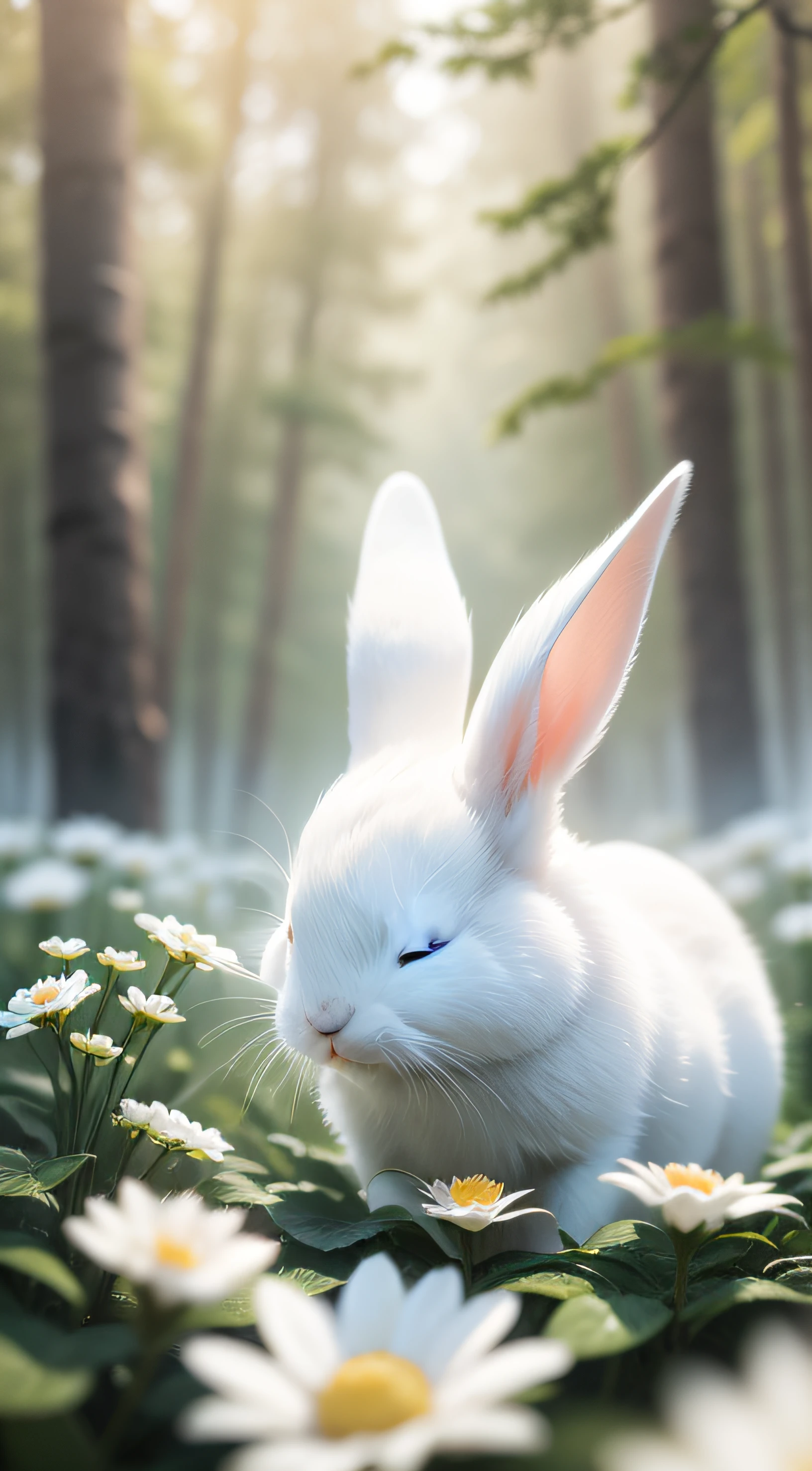 Close-up photo of a white rabbit sleeping in a sunny forest,clean backdrop,depth of fields,largeaperture,photography of,volume fog,Halo,blooms,Dramatic atmosphere,at centre,the rule of thirds,200 mm 1.4F macro shooting