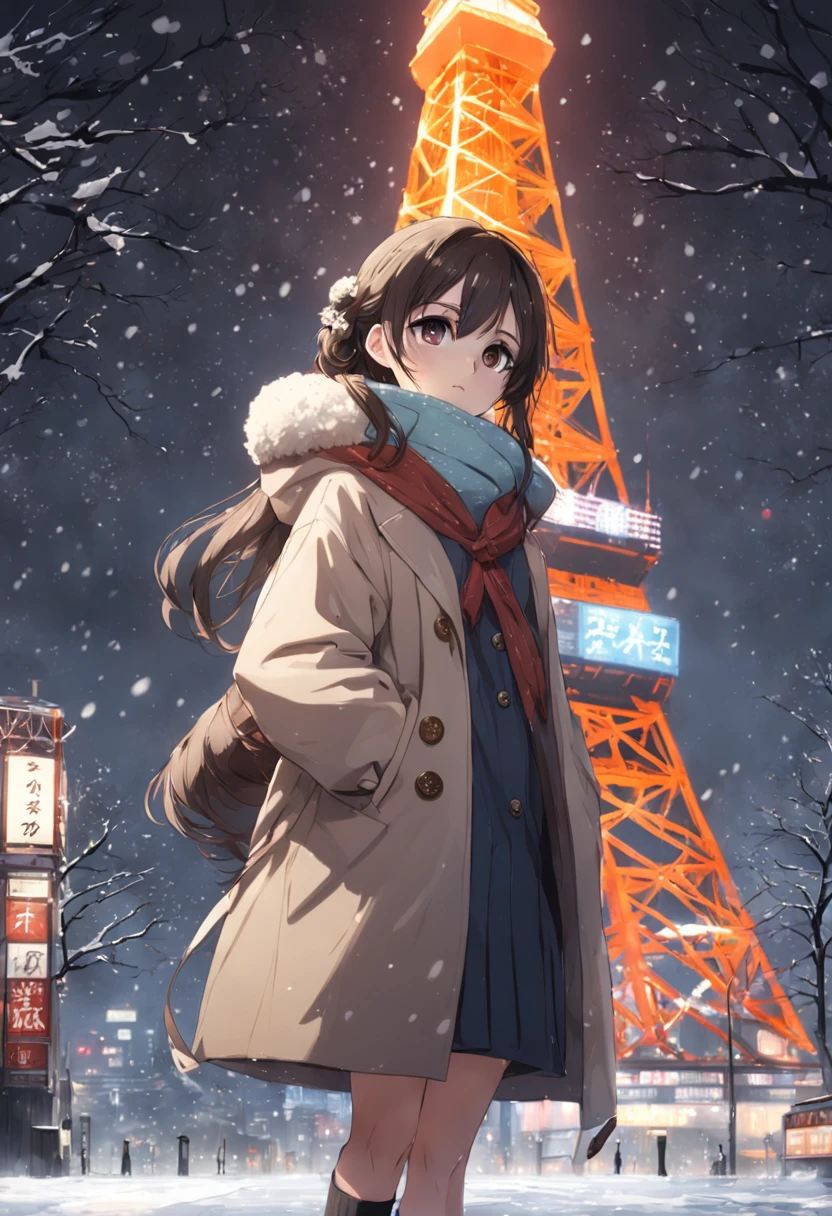 Tokyo Tower background at night、Depicting a heavy snowfall scene in the middle of winter、Women in long coats。She has pale black eyes and a pale brown chignon hairstyle.、There are a lot of people around々Hurray。knit hat、piercings、I have a rolled muffler..、Other Bracelets、wrist watch、She also wears long boots.。