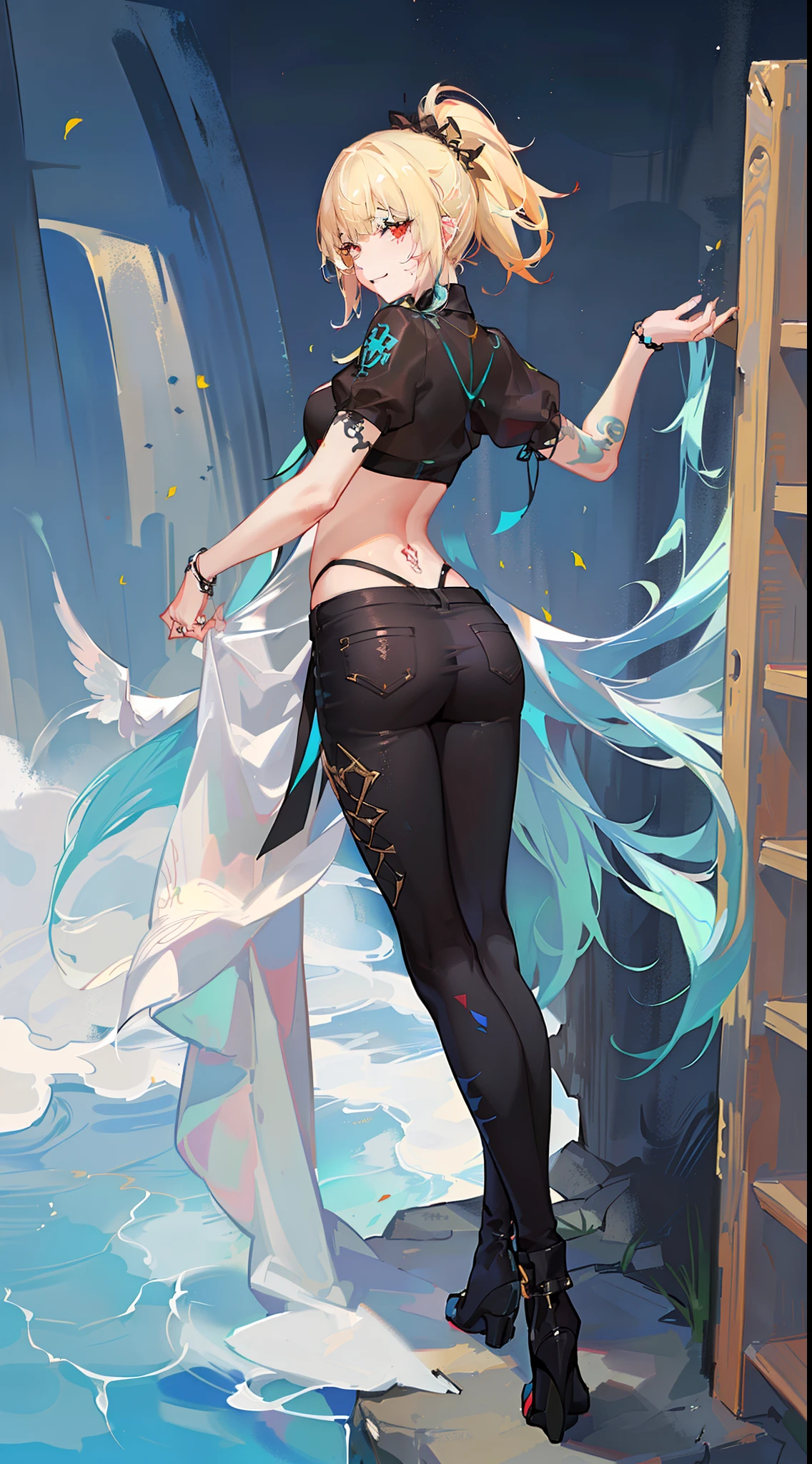 young girl, longue blonde hair, Heterochromia, turquoise and red eyes, smirk, Tatoo, tight turquoise top, open belly, Skinny black pants, seen from behind, tattoo, Masterpiece, hiquality