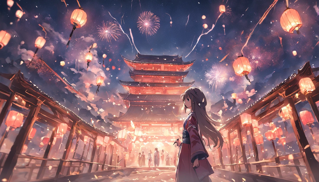 （1boys）， （1girll），Tanabata，Chinese-style town，nigh sky，Kongming Lantern，Fireworks wooden bridge， magpie， Clouds， Skysky， themoon， the night， wide wide shot， ，Hanfu，long whitr hair， sideface， Eye contact， take hand， The light from the back window is backlighted， The light from the back window is backlighted， flying petal， ， BREAK BREAK BREAK， SFW， （tmasterpiece：1，2）， best qualityer， tmasterpiece， A high resolution， Original， extremelydetailedwallpaper， perfect litthing， （VerydetailedCG：1.2），