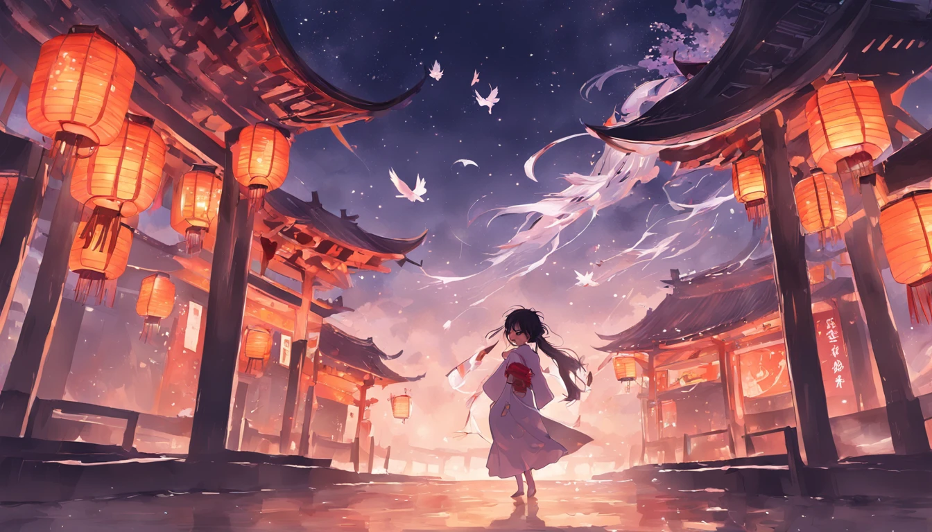 (1boys), (1girll),Tanabata,Chinese-style town,nigh sky,Kongming Lantern,Fireworks wooden bridge, magpie, Clouds, Skysky, themoon, the night, wide wide shot, ,Hanfu,long whitr hair, sideface, Eye contact, take hand, The light from the back window is backlighted, The light from the back window is backlighted, flying petal, , BREAK BREAK BREAK, SFW, (tmasterpiece:1,2), best qualityer, tmasterpiece, A high resolution, Original, extremelydetailedwallpaper, perfect litthing, (VerydetailedCG:1.2),