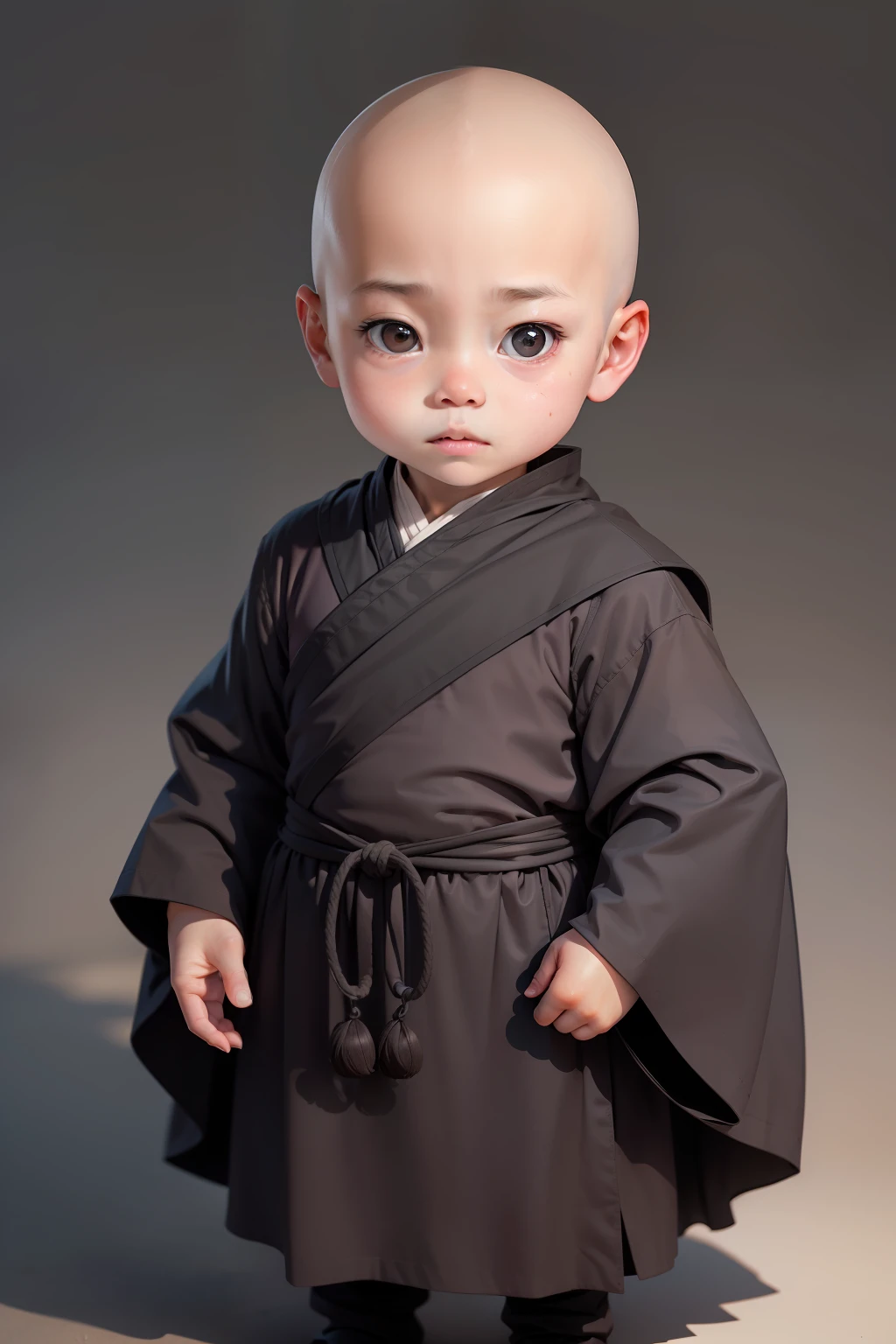 little monks,He looks like he is only two or three ,Wearing that ordinary gray monk's robes,A smooth round head without hair,Big eyes, pitch black and shiny,Very attentive when looking at people,Small mouth pink tender,It was smashed into a slit,There are small on the tender white face,The whole little face exudes a sense of milky cool milk. 8K