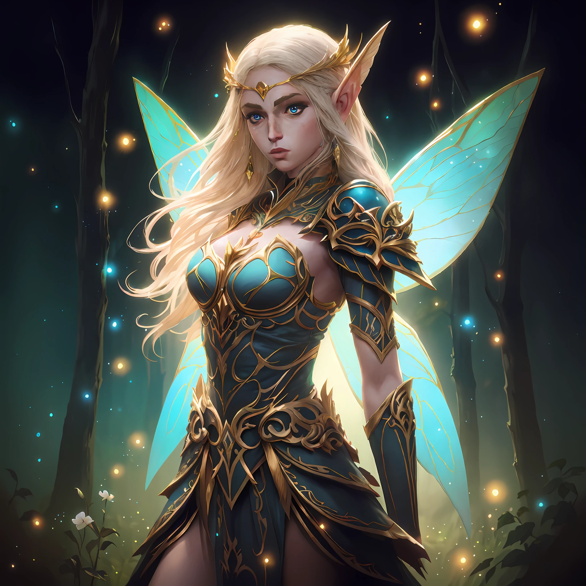 Golden fairy with blue wings and golden dress in forest, Epic fantasy art style HD, Elf Girl, beautiful and elegant elf queen, beautiful and elegant female elf, Detailed digital 2D fantasy art, Epic fantasy digital art style, portrait of very beautiful elf, detailed fantasy art, detailed fantasy digital art, alluring elf princess knight, Digital 2D fantasy art