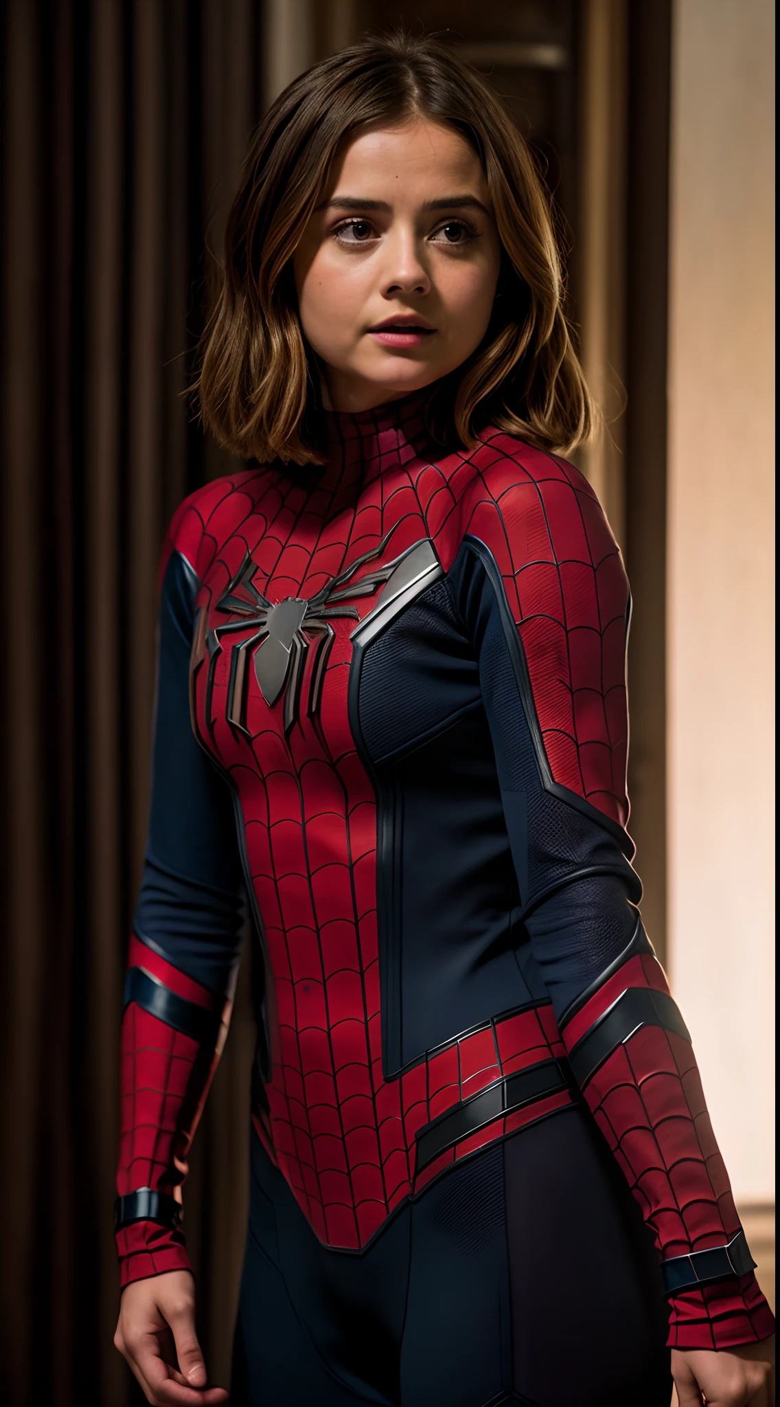 RAW photo, jenna coleman as spider-man, (high detailed skin:1.2), 8k uhd, dslr, soft lighting, high quality, film grain, Fujifilm XT3
