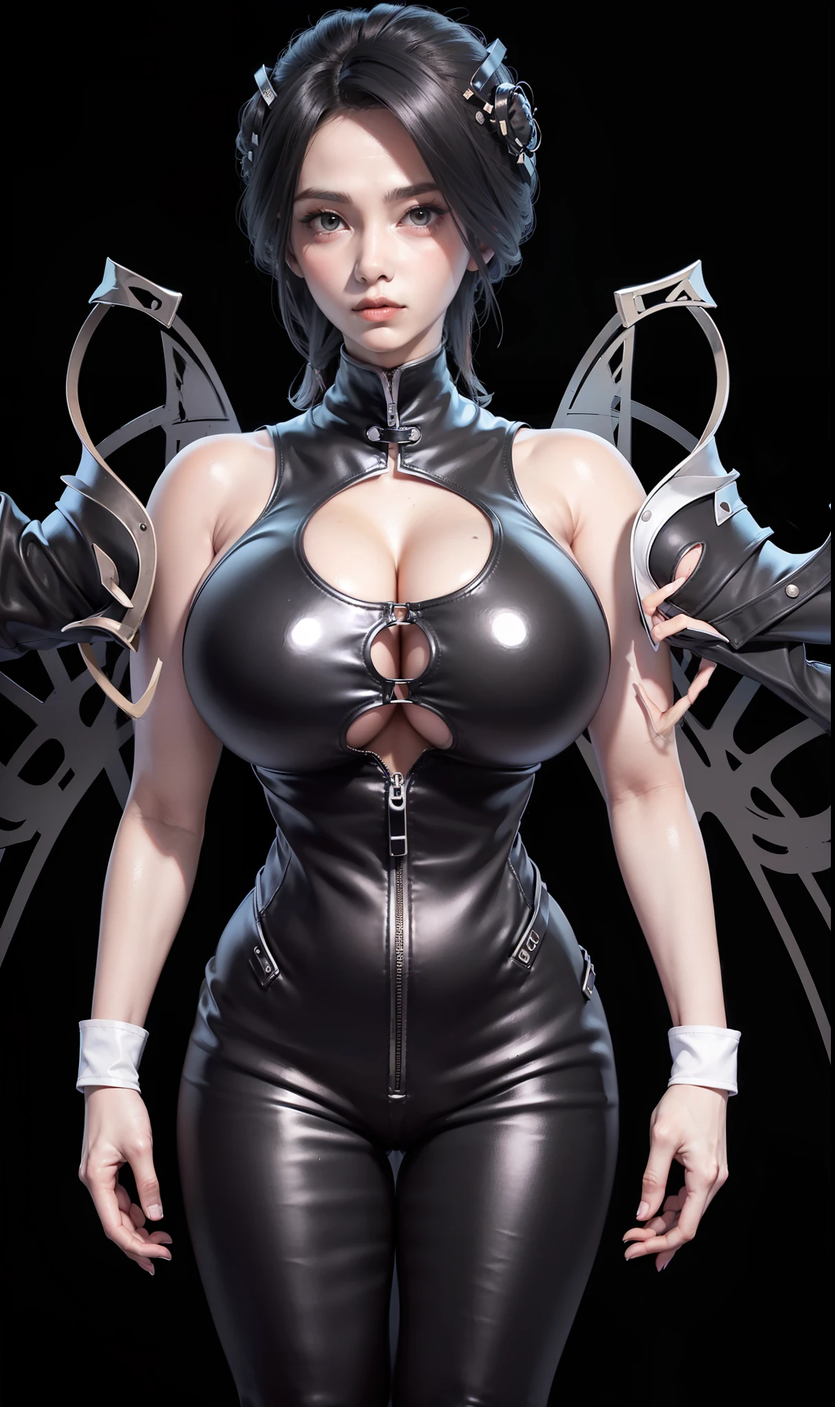 woman in (black:1.5) leather jacket, (huge round boobs:1.3), (black:1.5) pants, gloves, tight bun, solid background, full body.