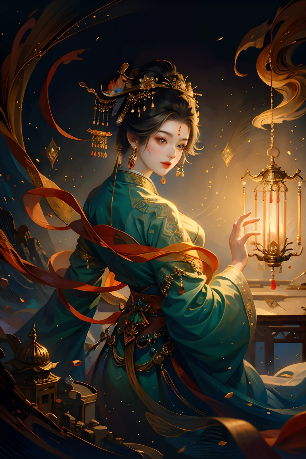 (Best quality, Masterpiece:1.2), (offcial art, Extreme detail), 1girll,A goddess, Chinese costume, Hanfu, Headwear, Hair accessories, Earrings, jewelry,Fairyland on earth, Soft light, Tradition Chinese Ink Painting,