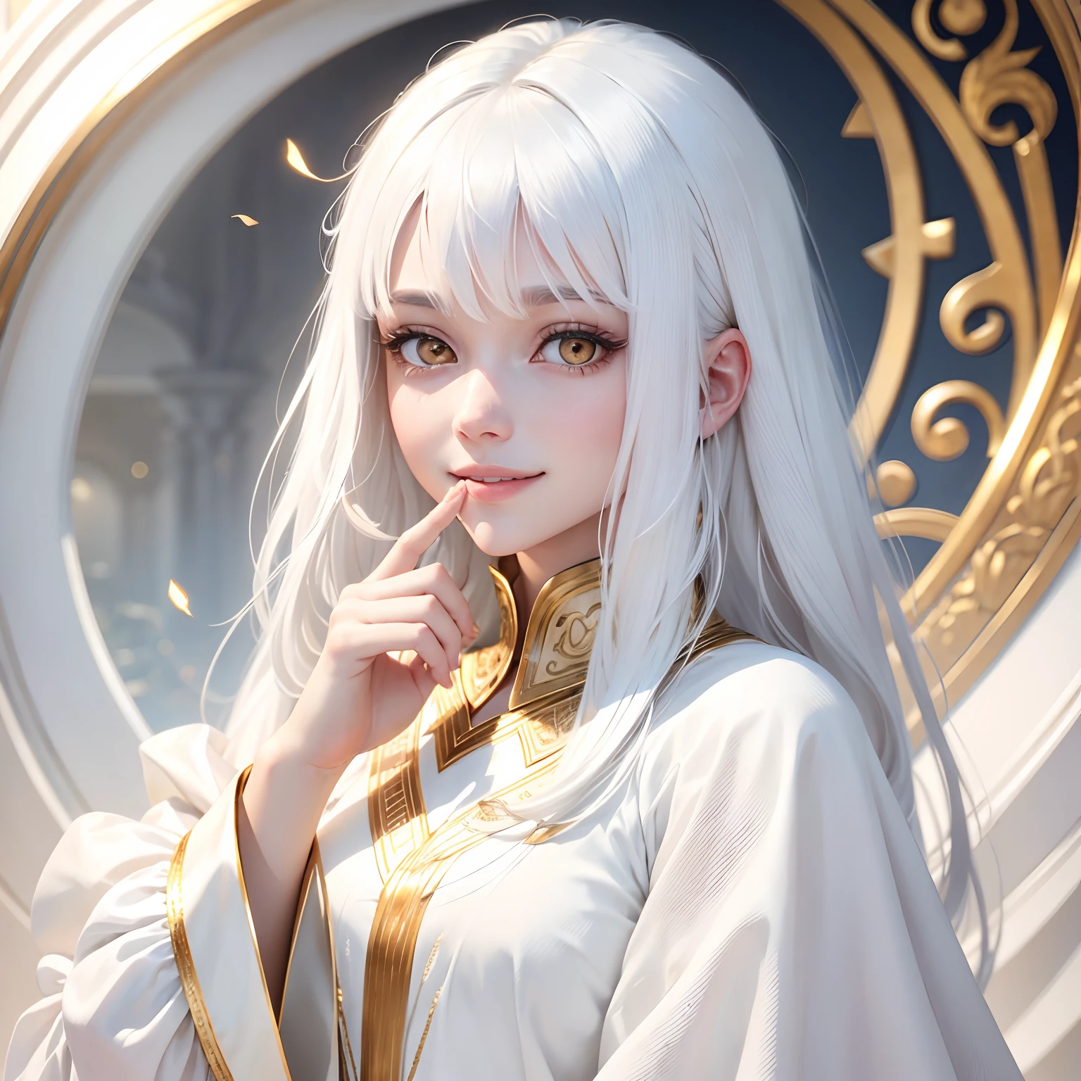 best quality, white hair, gold eyes, white clothes, looking up, upper body, hair strand, Fair skin, smiling, fingers to the mouth