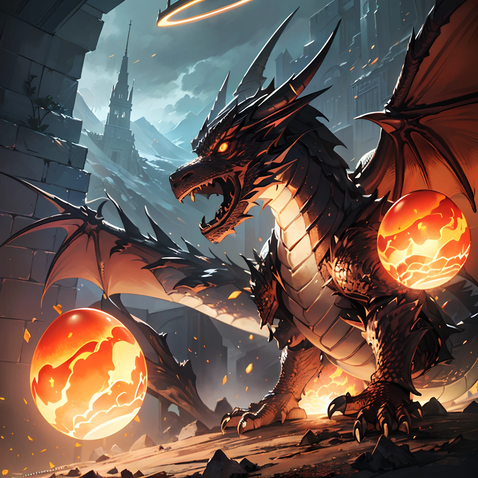 score_9, score_8_up, score_7_up, score_6_up, score_5_up, score_4_up,two knights on a hill with a dragon behind them. Open wings, flames, dark atmosphere, dark medieval style, dark fantasy style