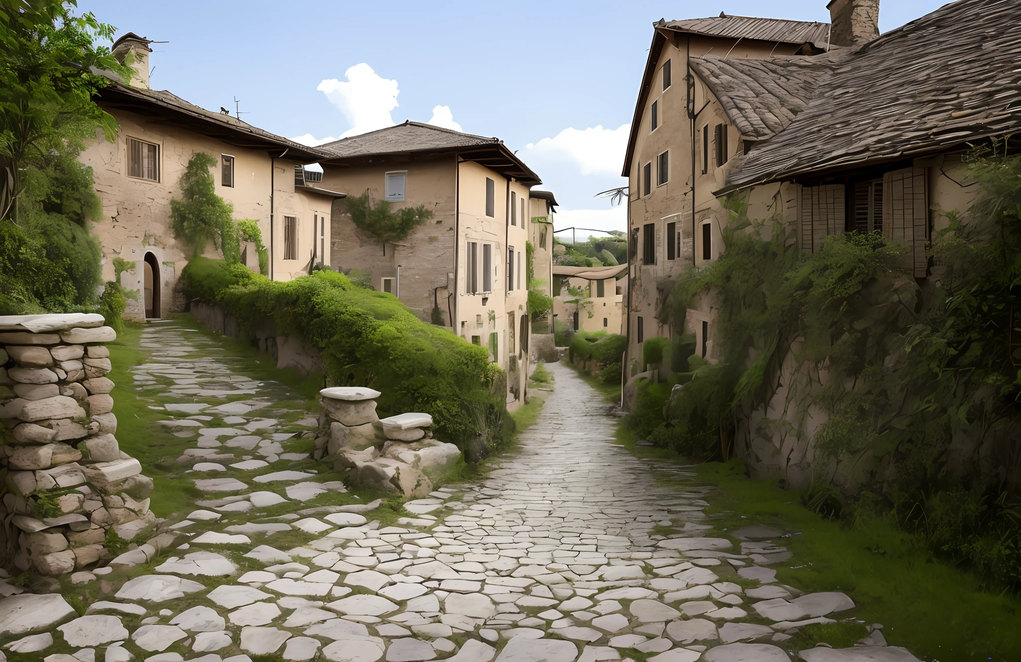 Medieval region、Old、in isekai、Stone pavement、Back alley、Curved stone steps、oud、Crumbling staircase、romatic, Italy、Ancient stone masonry arches、unmanned、No Man、eine Katze、Solitude、Eccentric、Leisure、silence、Skysky、Dense stone buildings、Mainly made of stone、The left side of the vanishing point、It looks damp。Wooden bridge above、Thin red tile roof、hiquality、weeds、Looking up from below、The ground is dirt and pebbles、after rainny、natta。