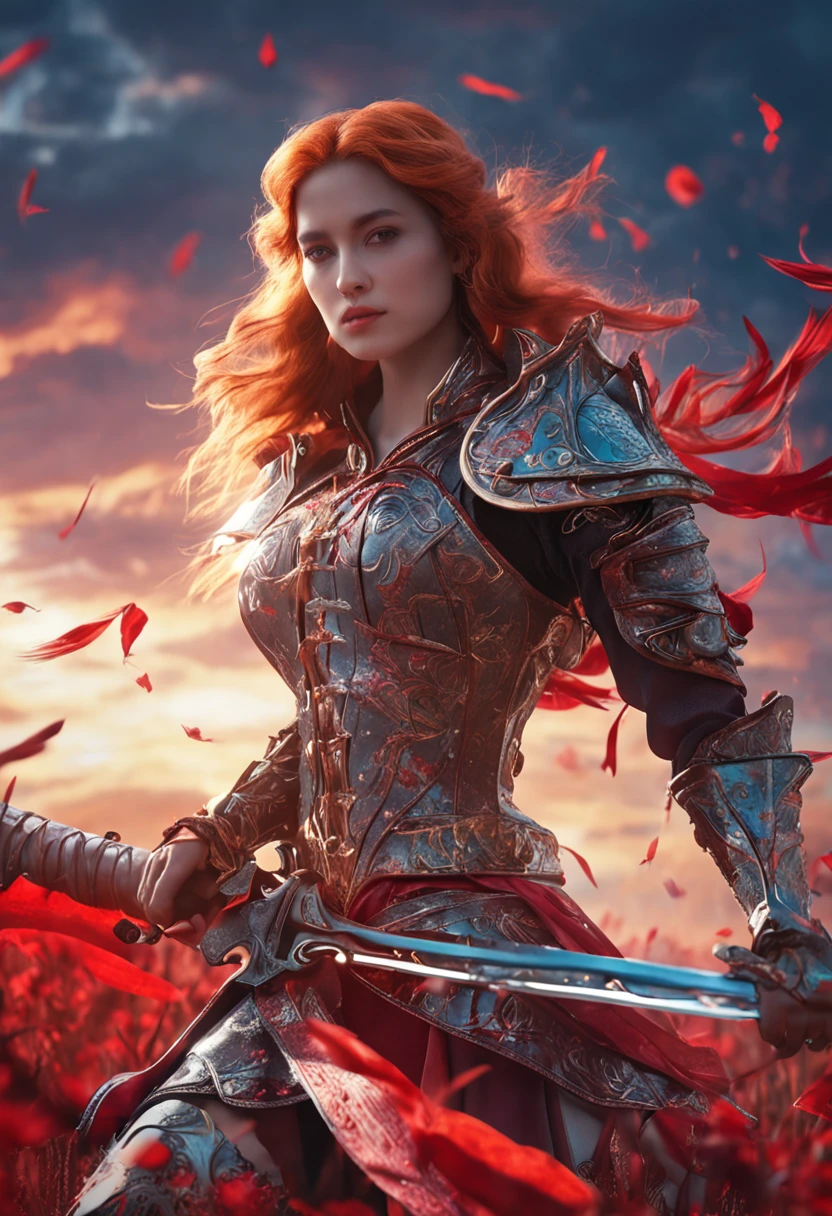 The most beautiful adults、Western beauties、Crimson Flame with a sword in the meadow、Armor、dance
