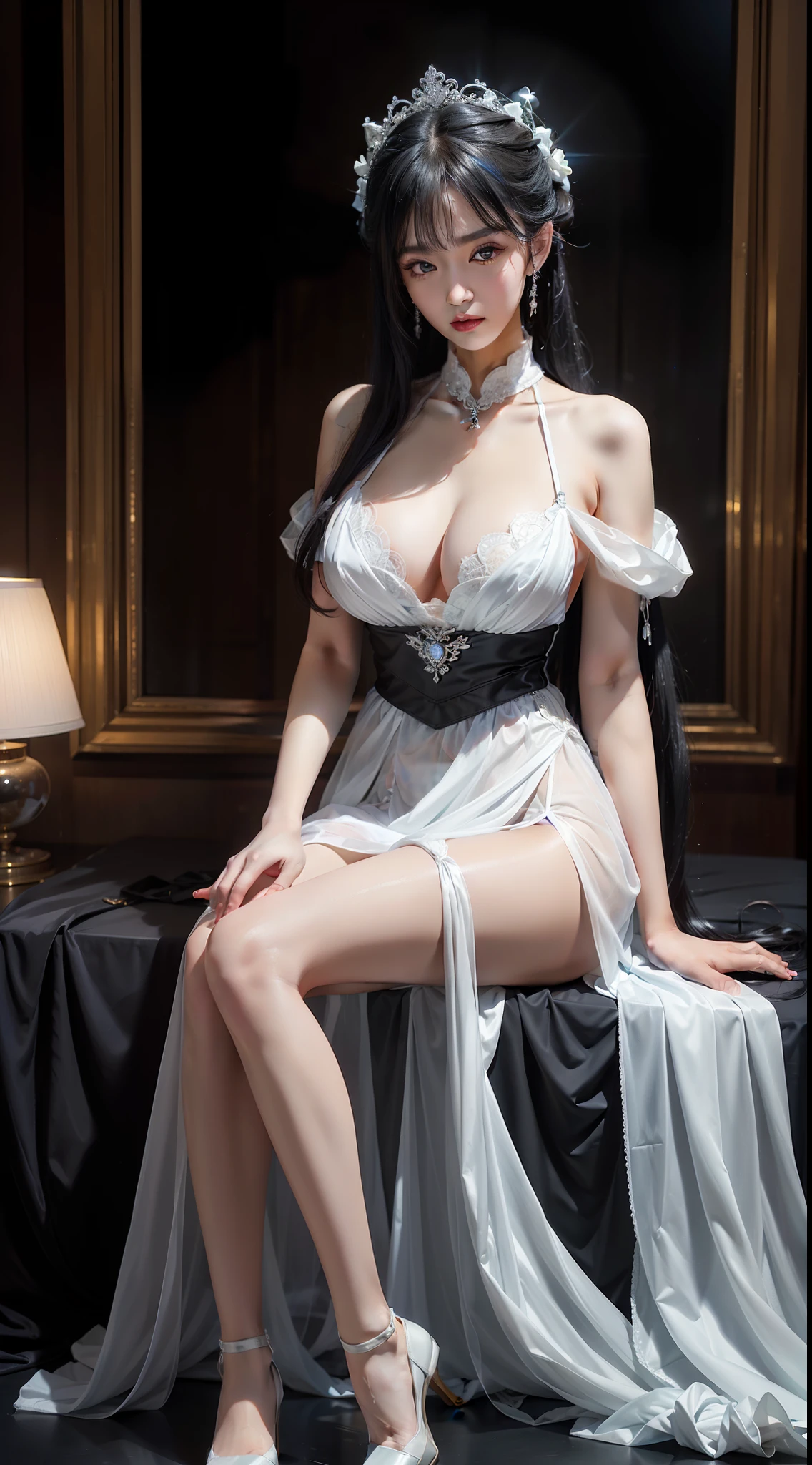 A girl，年轻，black color hair，horse tailed，Wearing a white tulle dress，A layer of clothing，cleanness，Looming skin，Hanfu style，Exposed cleavage，huge tit，High quality white stockings，real silk，Raised sexy，perfect bodies，inside in room，Sitting，独奏，Full body capture，best qualtiy，best illuminate，Highest high resolution，16K，Meticulous detailing，Very clear picture，RAW photos，