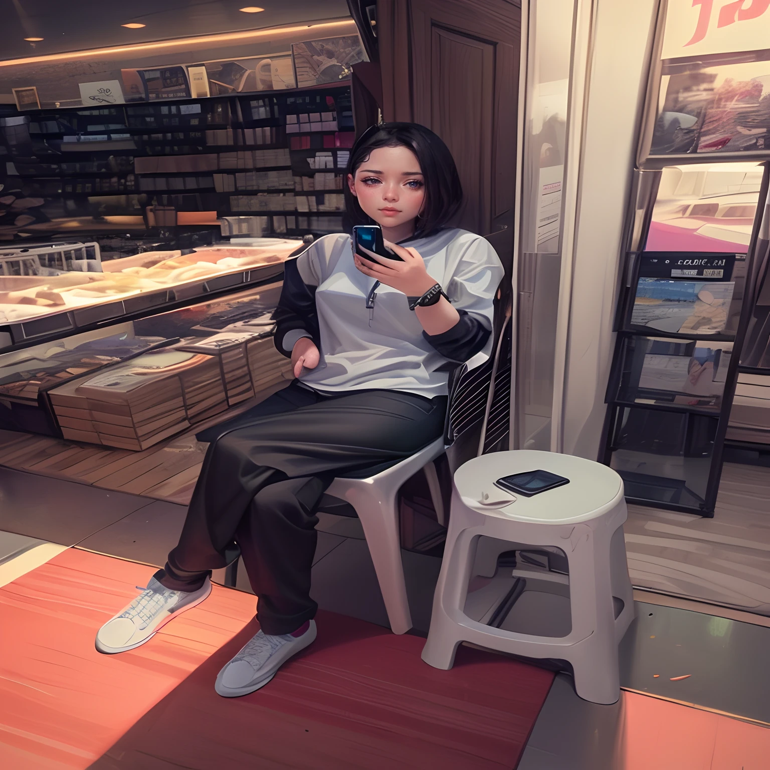 A woman sits on a chair........, Look at her phone.........., drawing, by Abidin Dino, instagram, hyperrealism, Aesthetics of Vaporwave Mall, Full body cute girl, Shot in Go Pro Hero8,(masterpiece,bestquality,high-res:1.3),