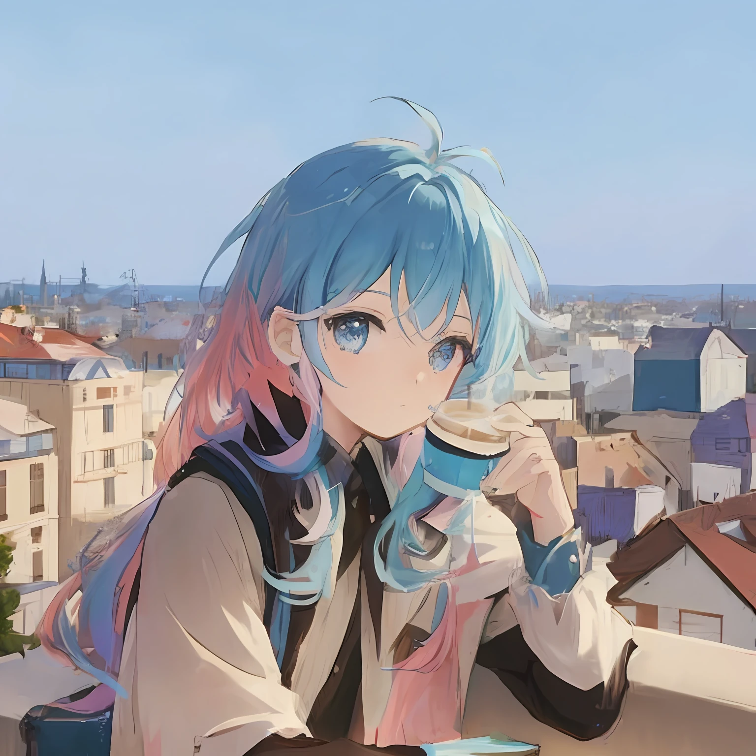 Anime girl drinking coffee on balcony with blue hair，looking over city