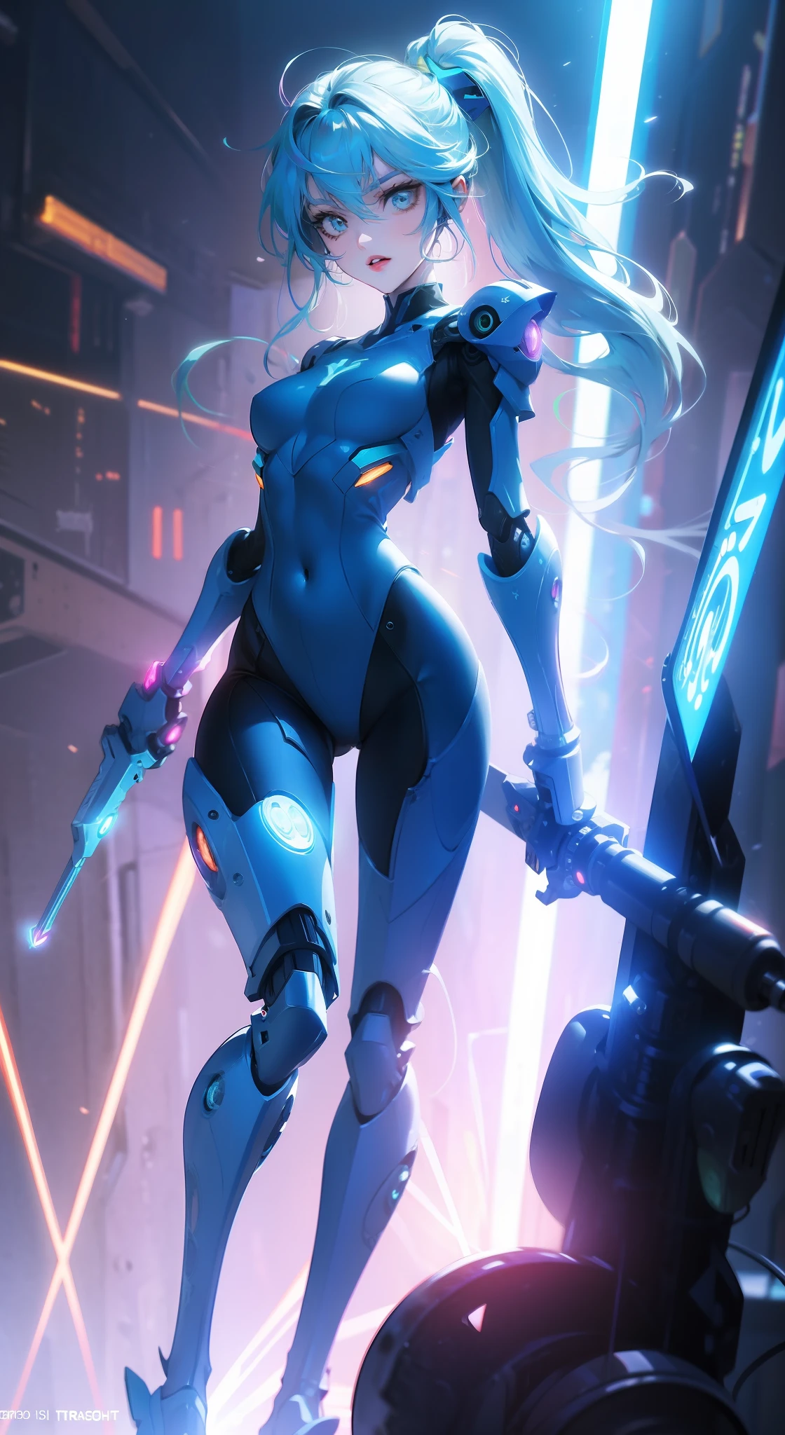 mechanical leg,Mechanical body,bit girl,Cartoony,Q version,Robotic arm,Ray traching,CG,neonlight,laser