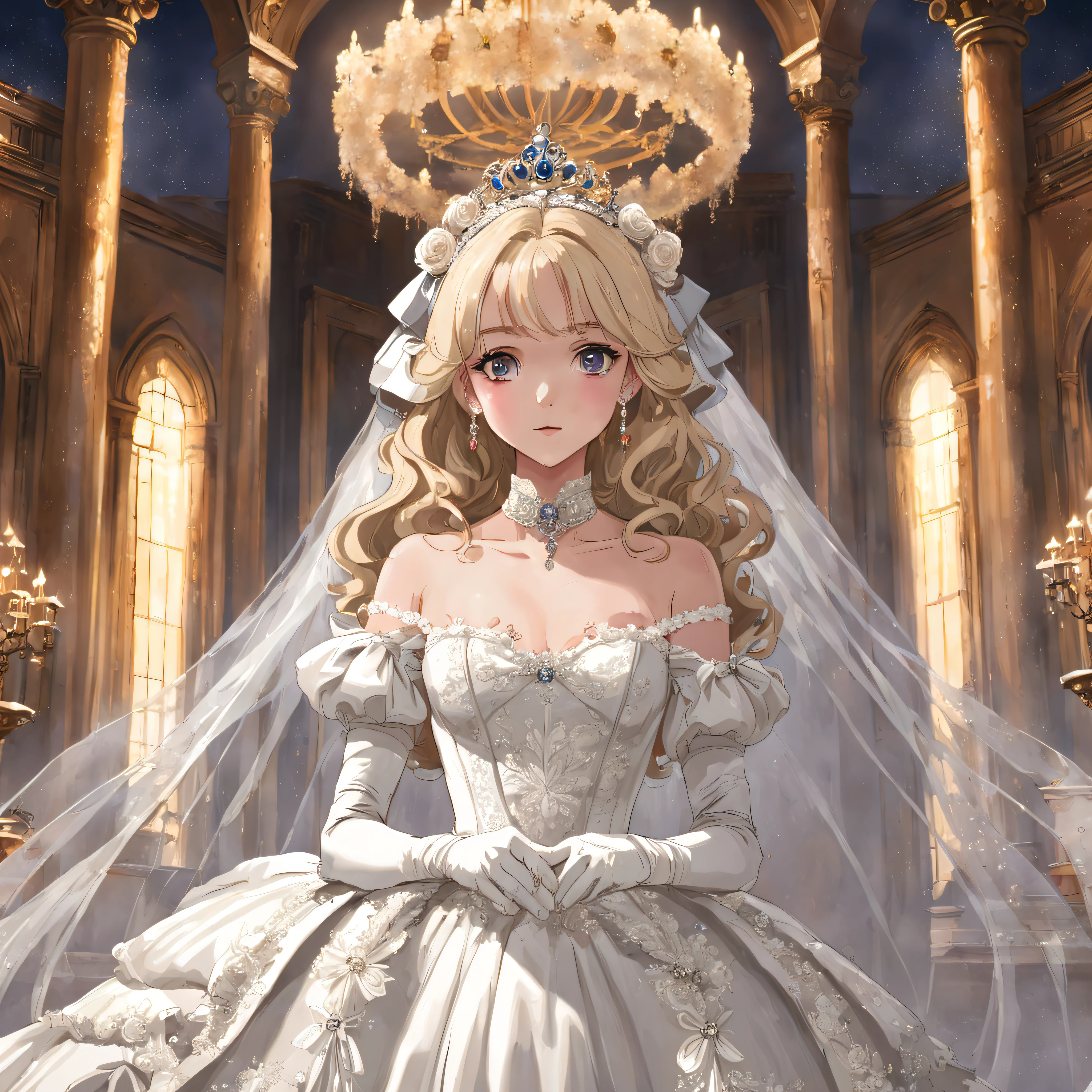 Best quality, Masterpiece, a stunningly beautiful Greer Grammer as a royal bride wearing a stately and elaborate royal wedding dress of white satin and tulle adorned with huge ribbon bows, lace, frills, flounces, embroidery and jewels, with enormous puffed sleeves, an hourglass waist and a voluminous crinoline hoopskirt, bustle, and train, long white gloves, pearl necklace and earrings, elaborately curled and styled hair