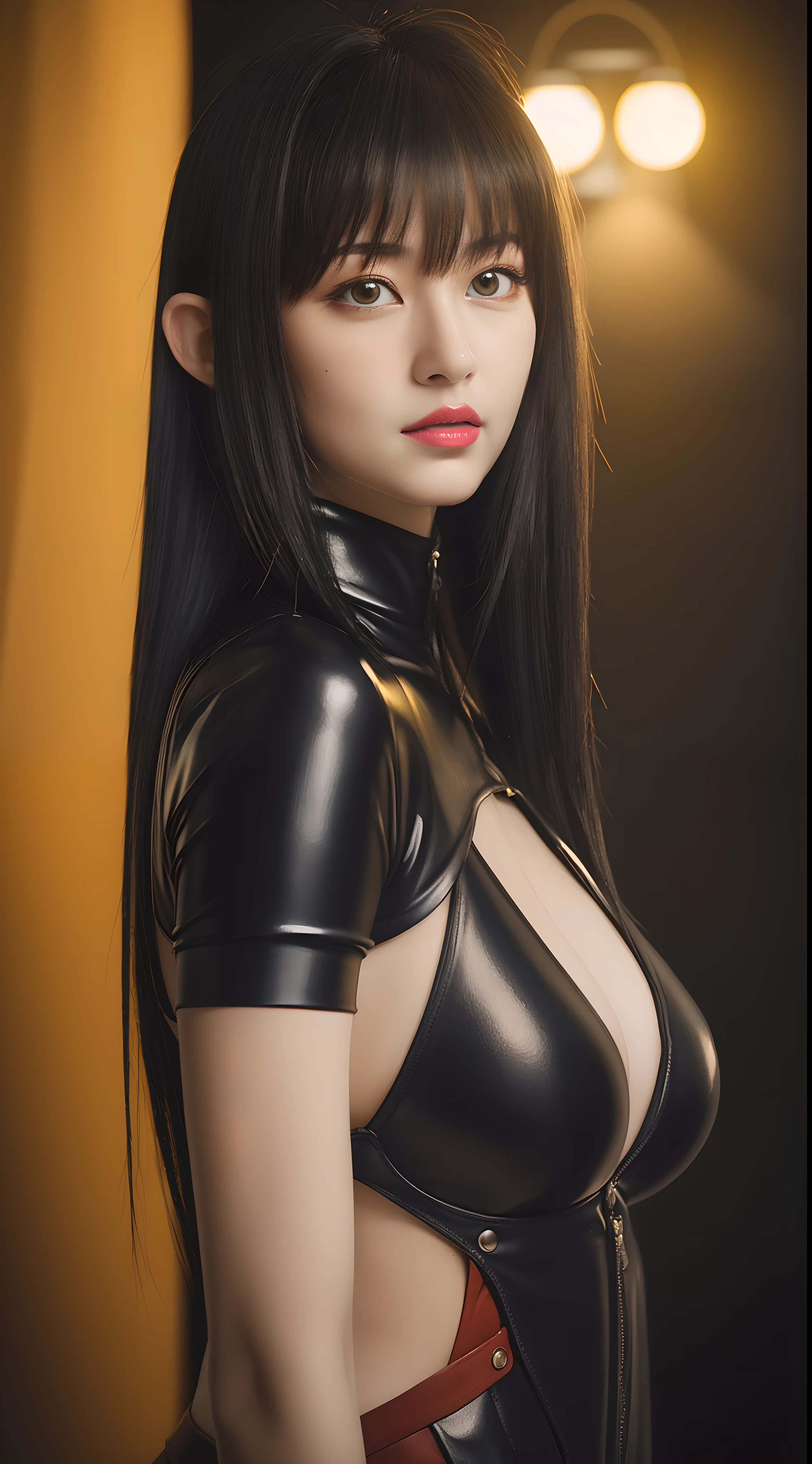 professional artwork, Intricate Details, field of view, sharp focus, detailed painting, photorealistic lighting, trending on pixiv,(masterpiece:1.0),(best_quality:1.0), ultra high res, ultra-detailed, photography, 8K, HDR, highres, absurdres:1.2, Kodak portra 400, film grain, sharp focus, bokeh:1.2, lens flare, (vibrant_color:1.2), (((indoors, dark night district))), Annerose, 1girl, female mature, ((long hair, black hair:1.4)), (yellow eyes:1.4), (((large breasts:1.4))), ((bodysuit)), skin tight, hair intakes, (((solo:1.4))), (upper body, half body shot, covered breasts), seductive, shiny clothes, (((looking at viewer))), (((upper body, half body shot))), ((hyper realistic, realistic face, realistic skin, realistic lips, realistic eyes, realistic bodysuit, hyper detail bodysuit))