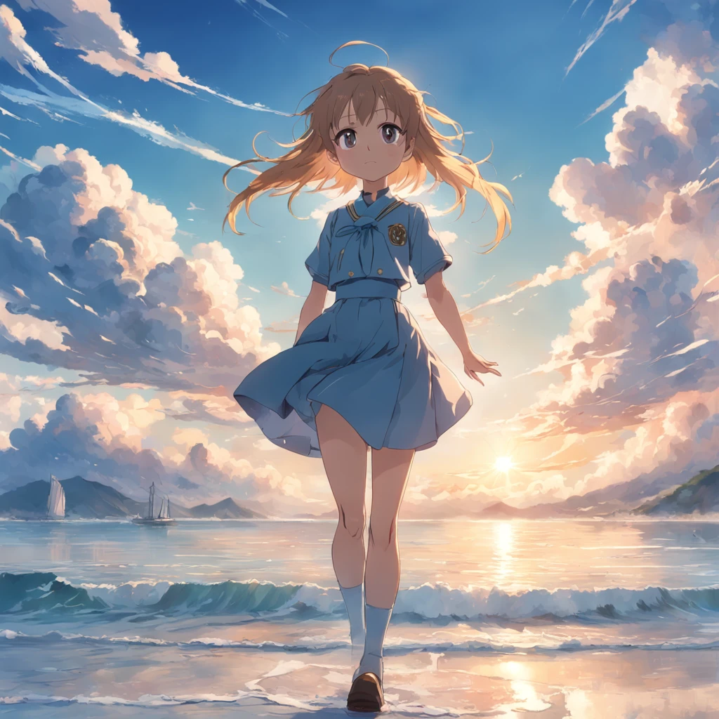 masterpiece、top-quality、Movie stills、1girl in、Girl in a rear-facing uniform Cloud Girl、floating in sky、a closeup、发光、Happiness、Warm and soft lighting、the morning sun、(Spark:0.7) 8K anime-style wide shot Beautiful island seen through the clouds々and sea views Very delicate images High-definition anime style Arms stretched out in parallel Mysterious scenery as if you were in heaven Many white birds fly around Old A scene from a large movie Cross the suspension bridge like a brown pulley