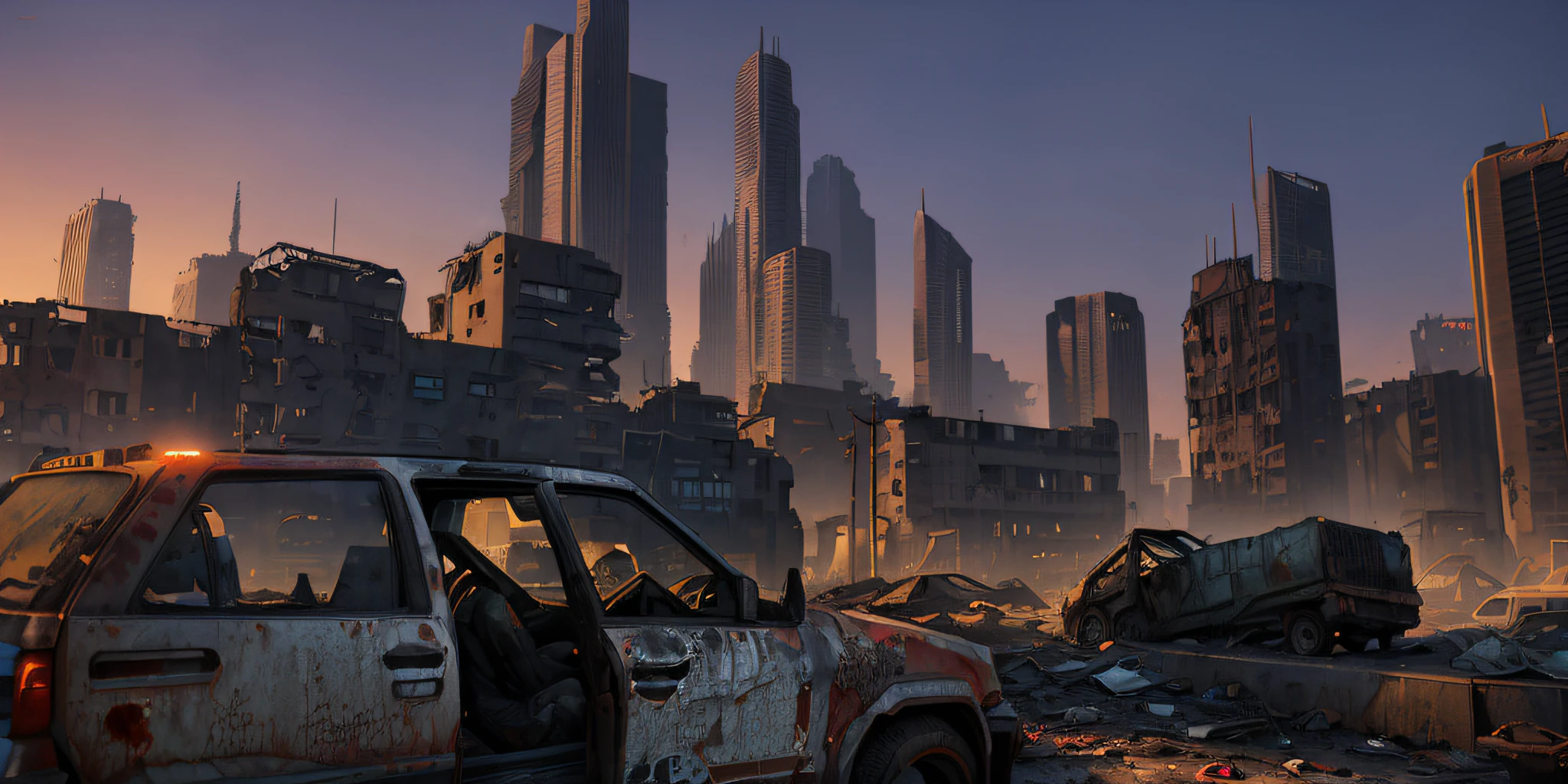 vehicles are parked in a city with a lot of debris, 3 d cyberpunk apocalyptic city, digital concept art of dystopian, cyberpunk apocalyptic city, destroyed city in the background, post - apocalyptic city, post apocalyptic city, post apocalyptic san francisco, hyper realistic cyberpunk city, post - apocalyptic city streets, in a post apocalyptic city, apocalyptic city, post apocalyptic district