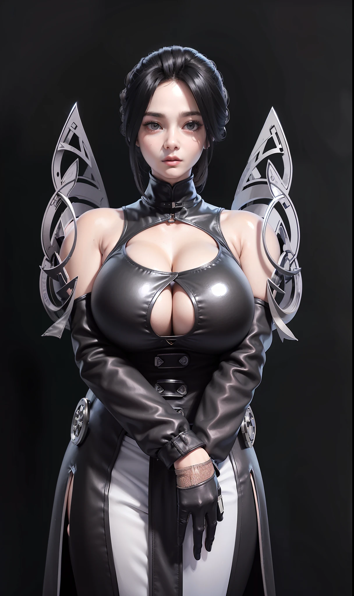 woman in (black:1.5) leather jacket, (huge round boobs:1.3), (black:1.5) pants, gloves, tight bun, solid background, full body.