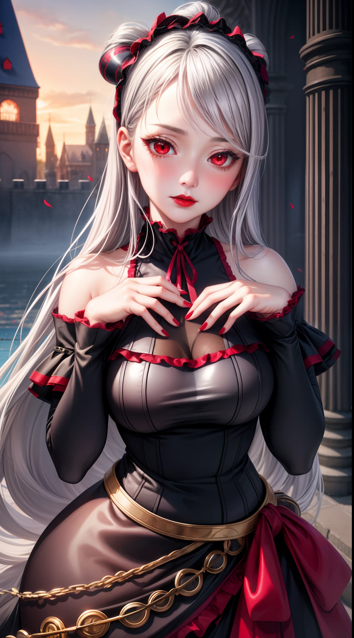 realistic, 1girl, dark silver hair, red eyes, black ****ta dress, red lips, blush, old castle background, hair ornament, perfect limbs, perfect hands, perfect fingers