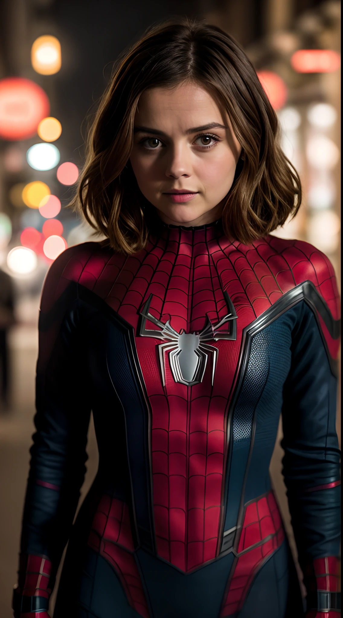 RAW photo, jenna coleman as spider-man, (high detailed skin:1.2), 8k uhd, dslr, soft lighting, high quality, film grain, Fujifilm XT3